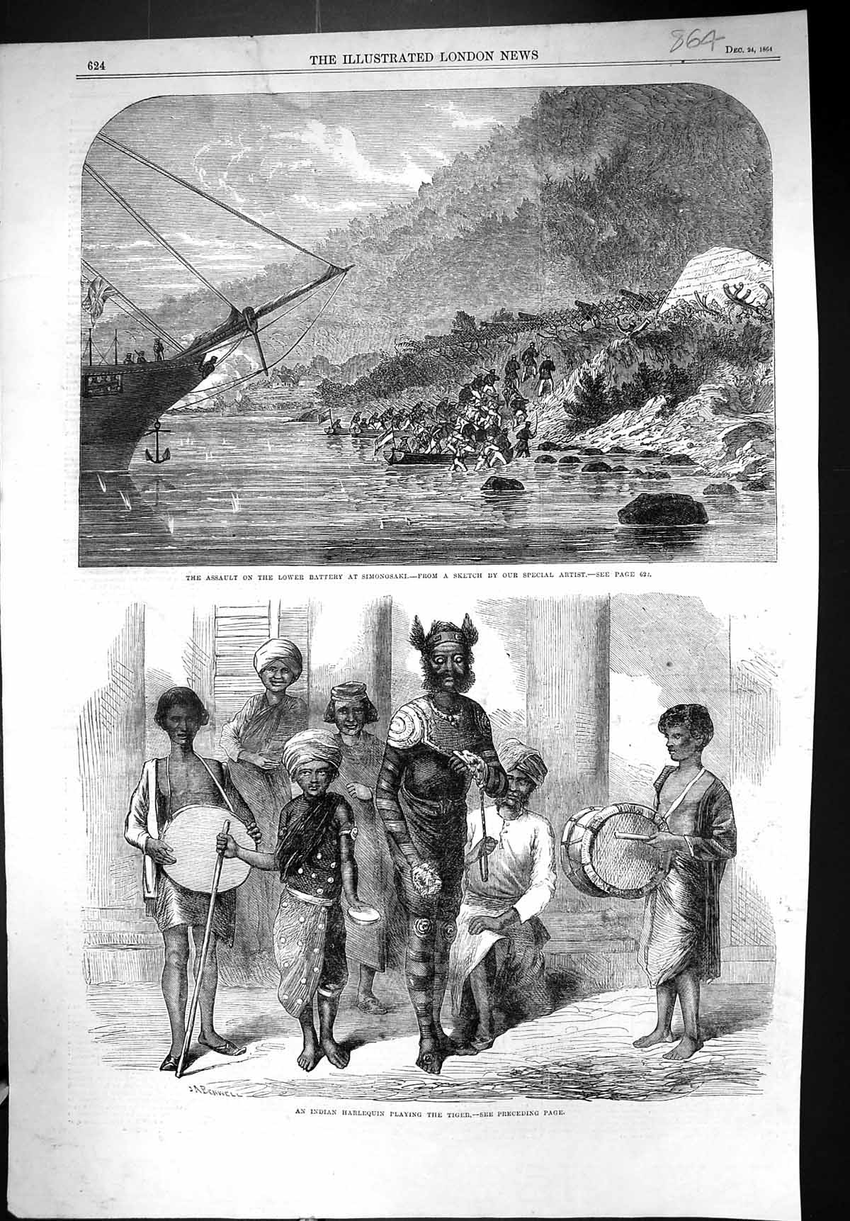 Old Print 1864 Assault Battery Simonosaki Siers War Indian Harlequin Pla 19th