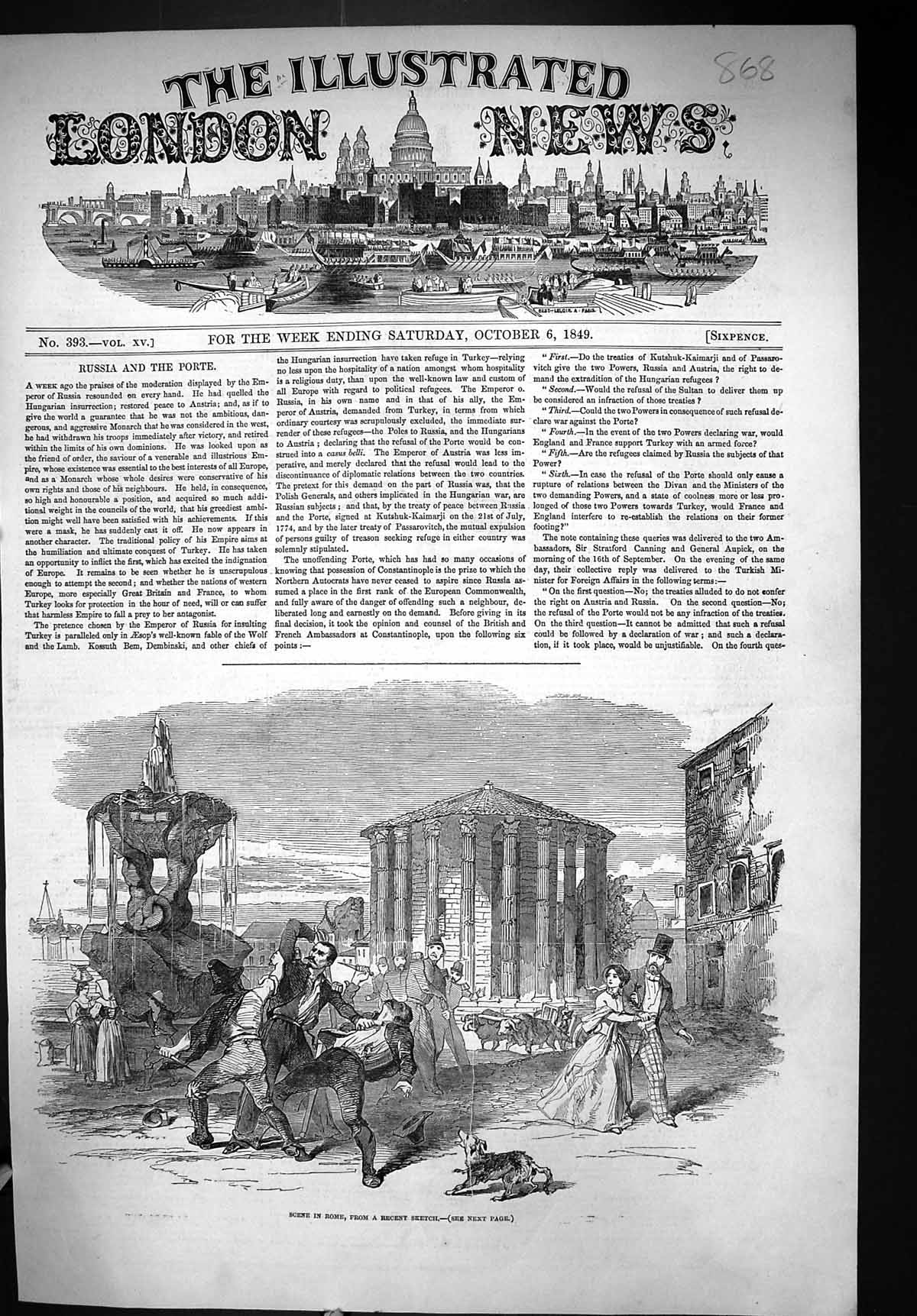 Original Old Antique Print 1849 Scene Rome Italy Men Fighting Street Murder