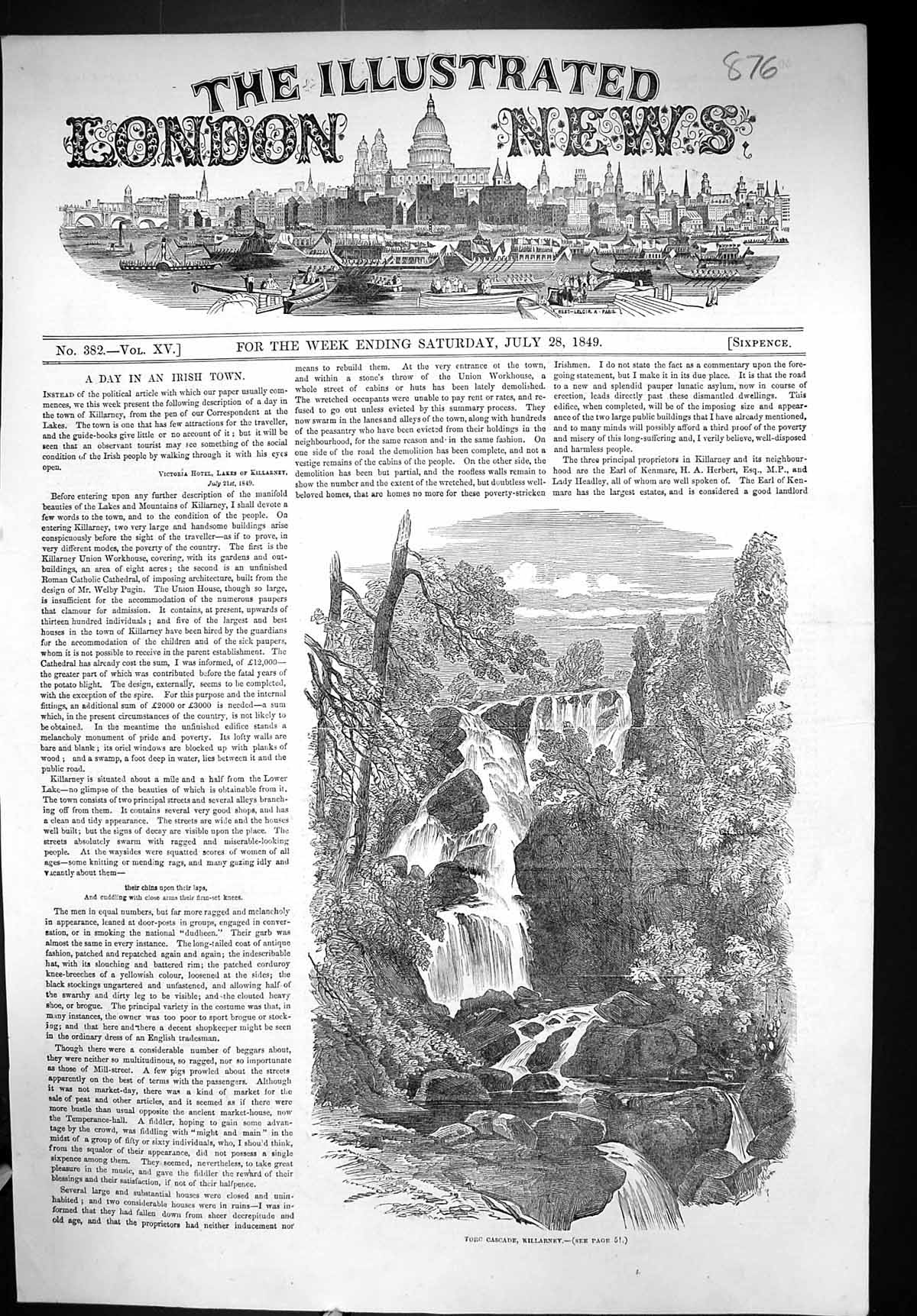 Original Old Antique Print 1849 River Waterfall Cascade Killarney Ireland 19th