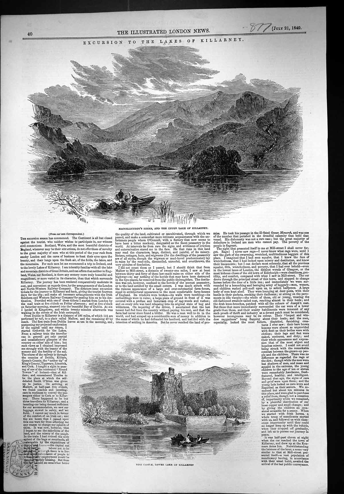 Old 1849 Macgillicuddy Reeks Lake Killarney Ross Castle Ireland Mount Victorian