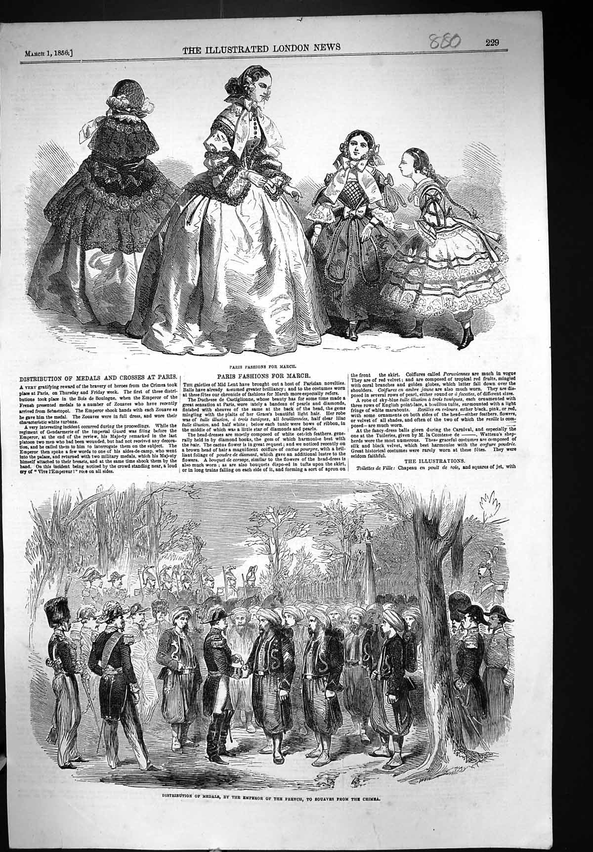 Old 1856 Ladies Paris Fashion March Medals Emperor French Zouaves Cri Victorian