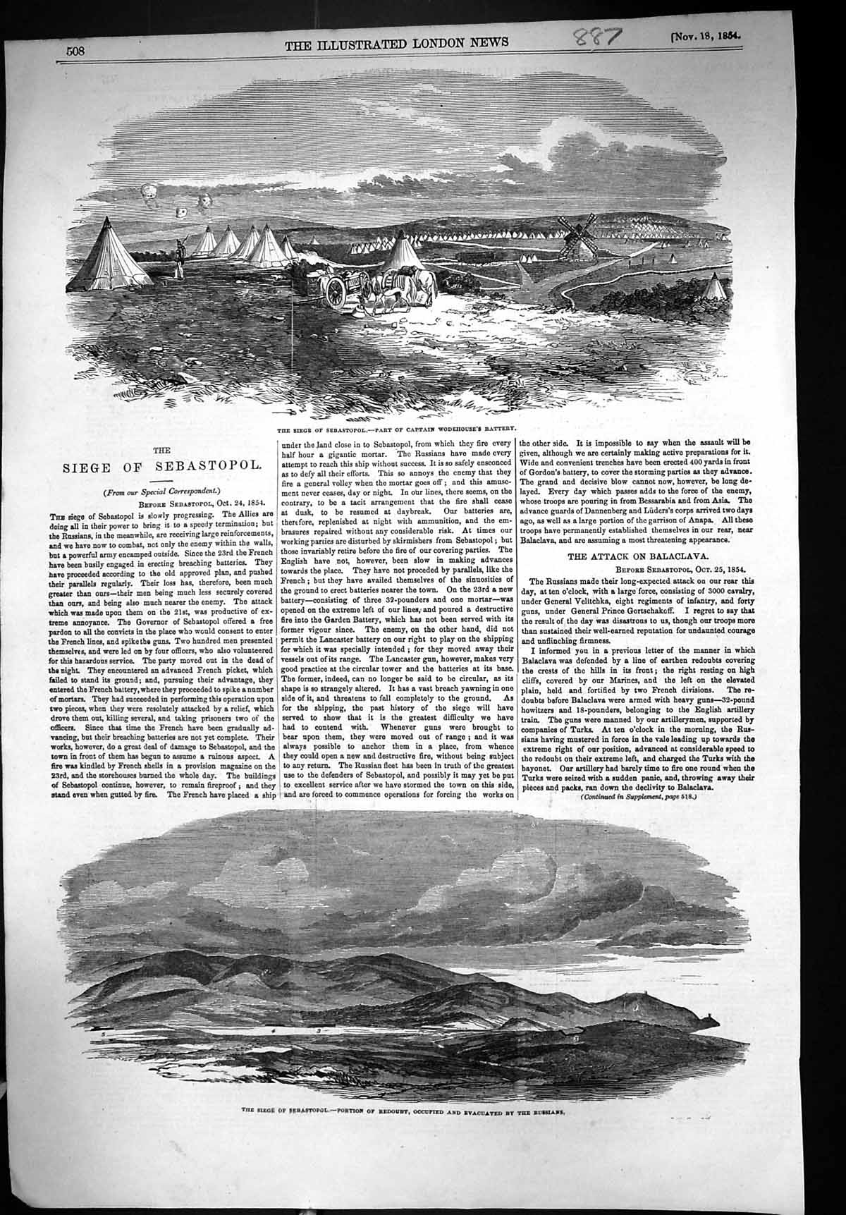 Antique Print 1854 Siege Sebastopol Captain Wodehouse Battery Camp Redoubt 19th