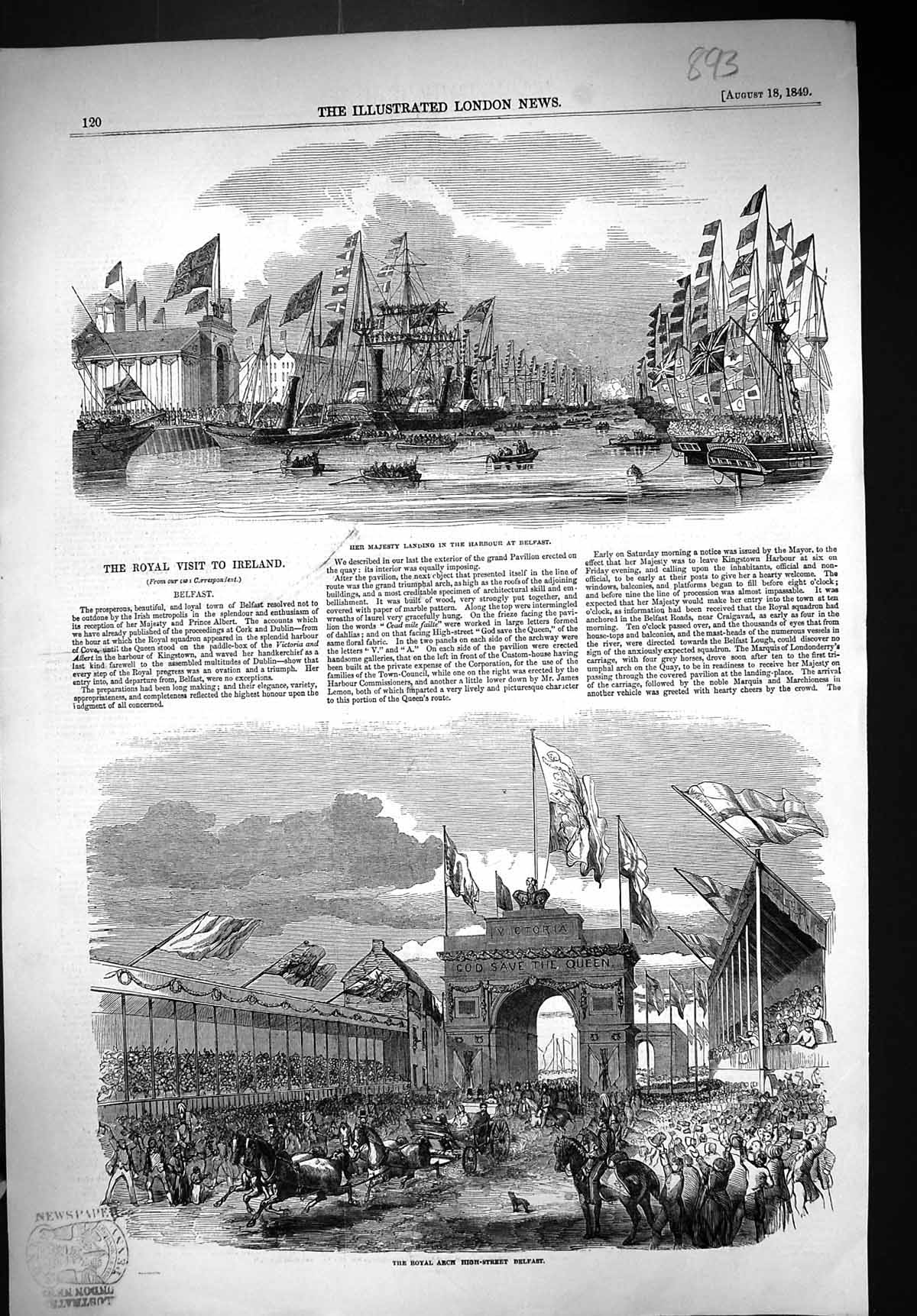 Old 1849 Queen Harbour Belfast Ships Ireland Royal Arch High Street D Victorian