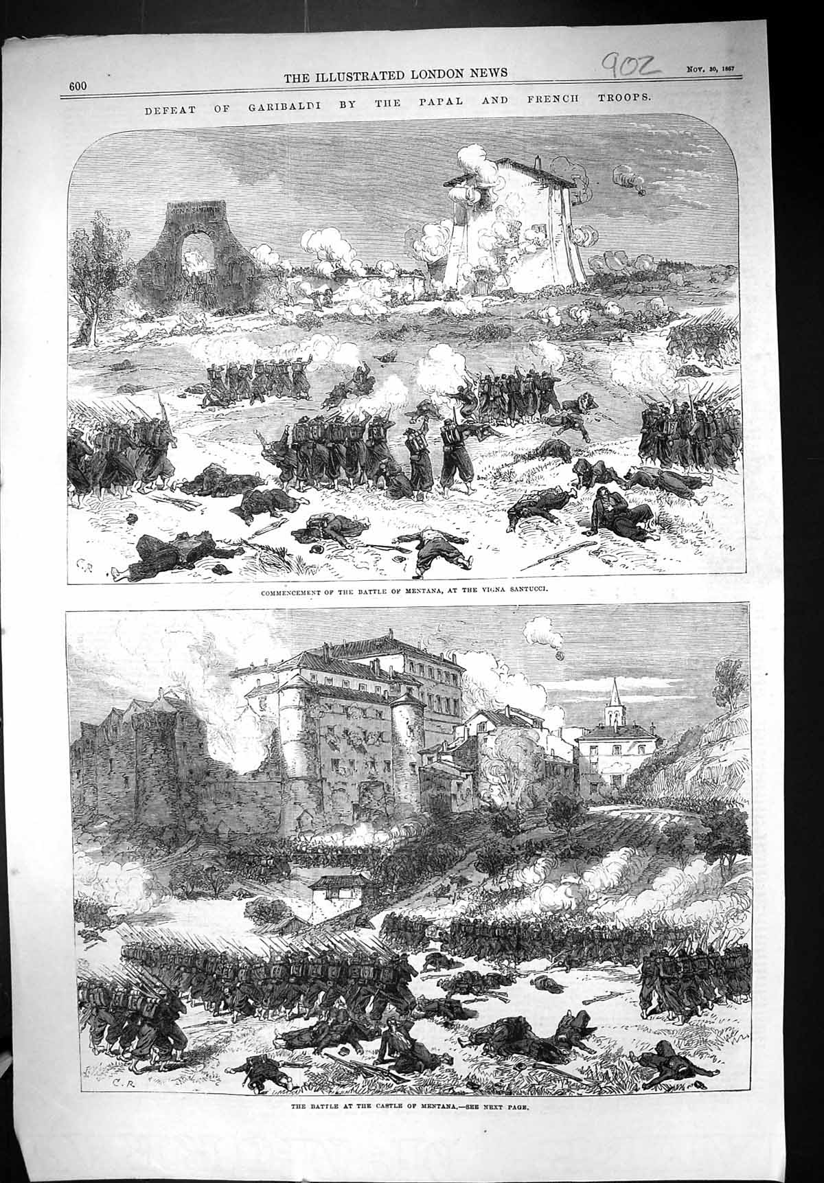 Old Print 1867 Defeat Garibaldi Battle Mentana Vigna Santucci Castle Sie 19th