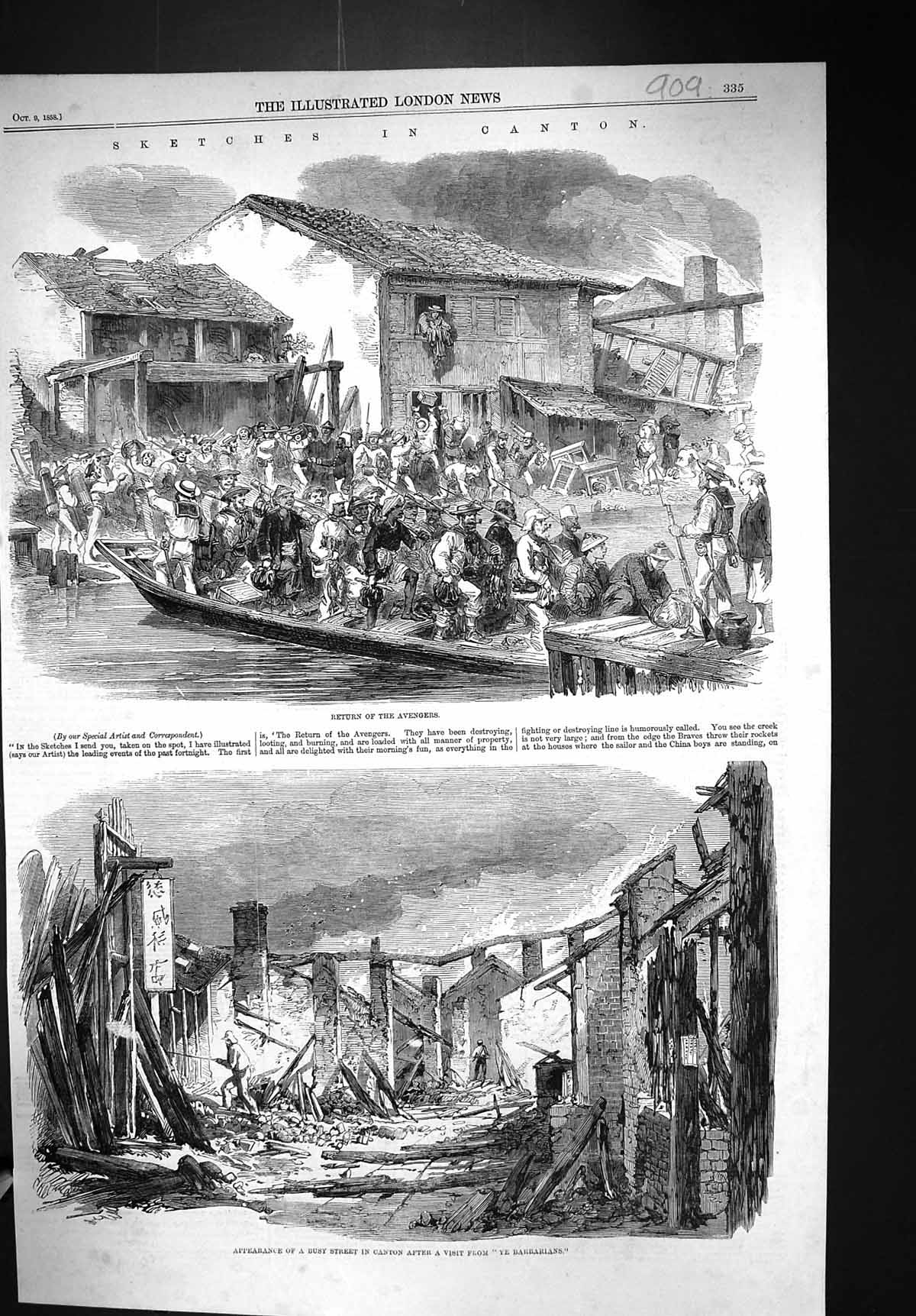 Old Print 1858 Canton Return Avengers Siers Boats Ruins Houses Barbarian 19th