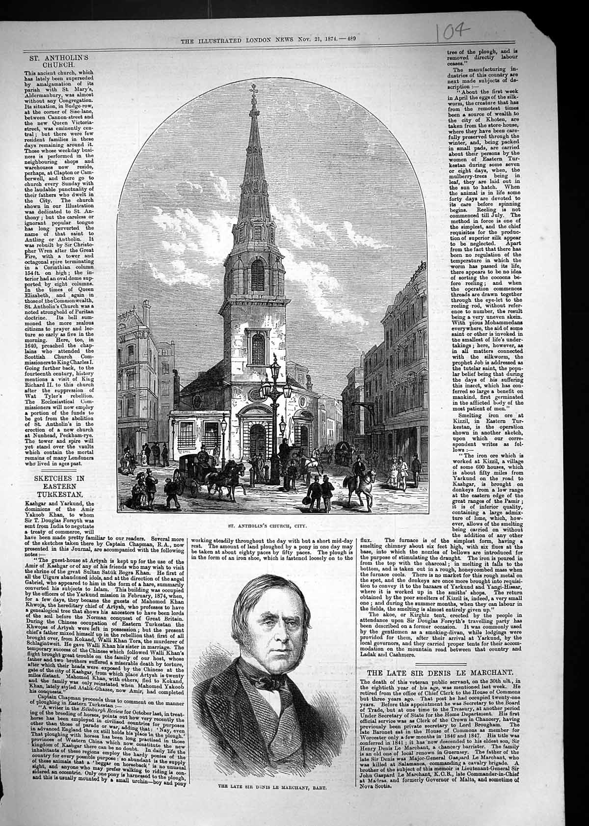 Old Print 1874 Architecture St. Antholin'S Church Denis Le Marchant Bart 19th