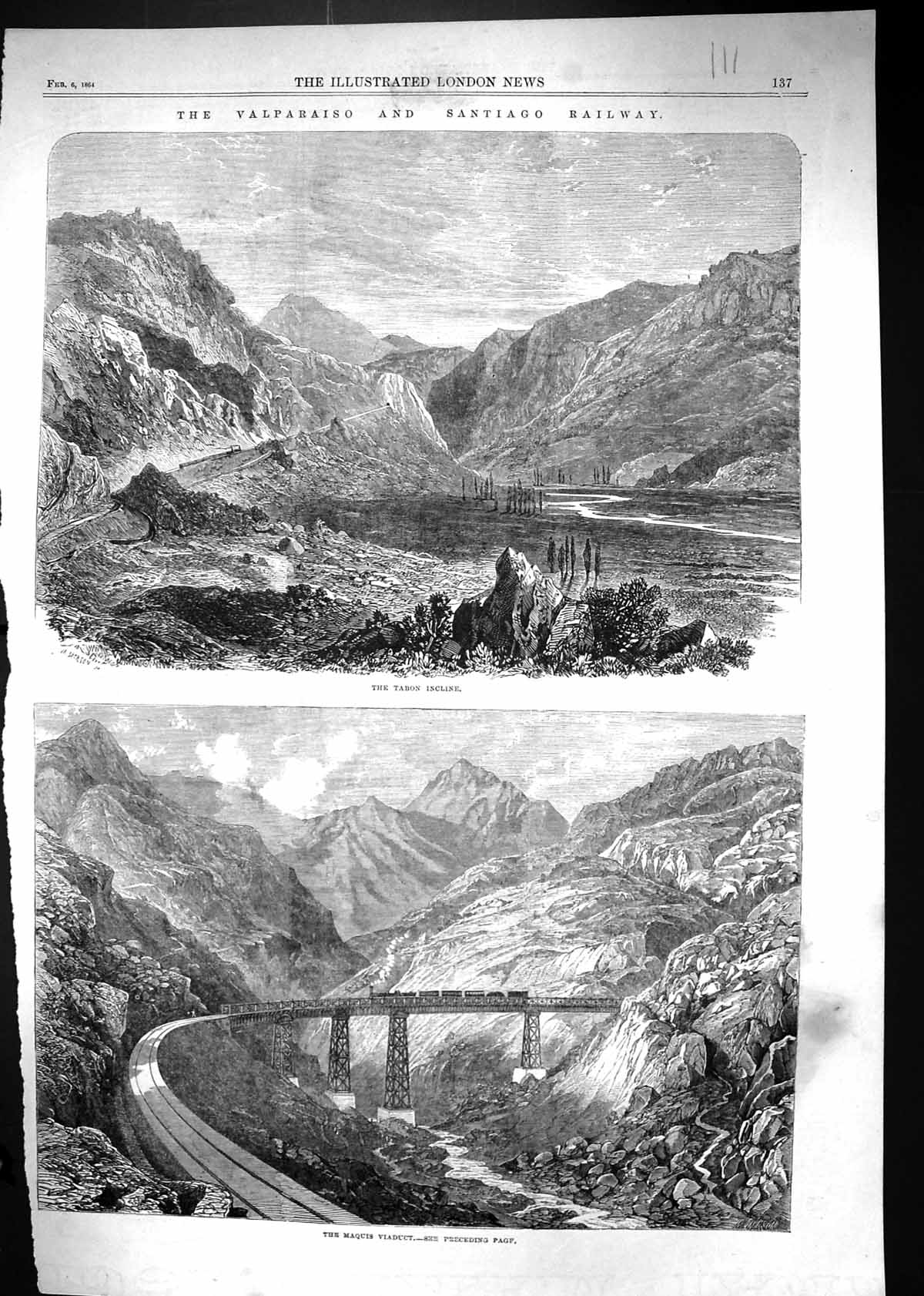 Old 1864 Valparaiso Santiago Railway Tabon Incline Maquis Viaduct Tra Victorian