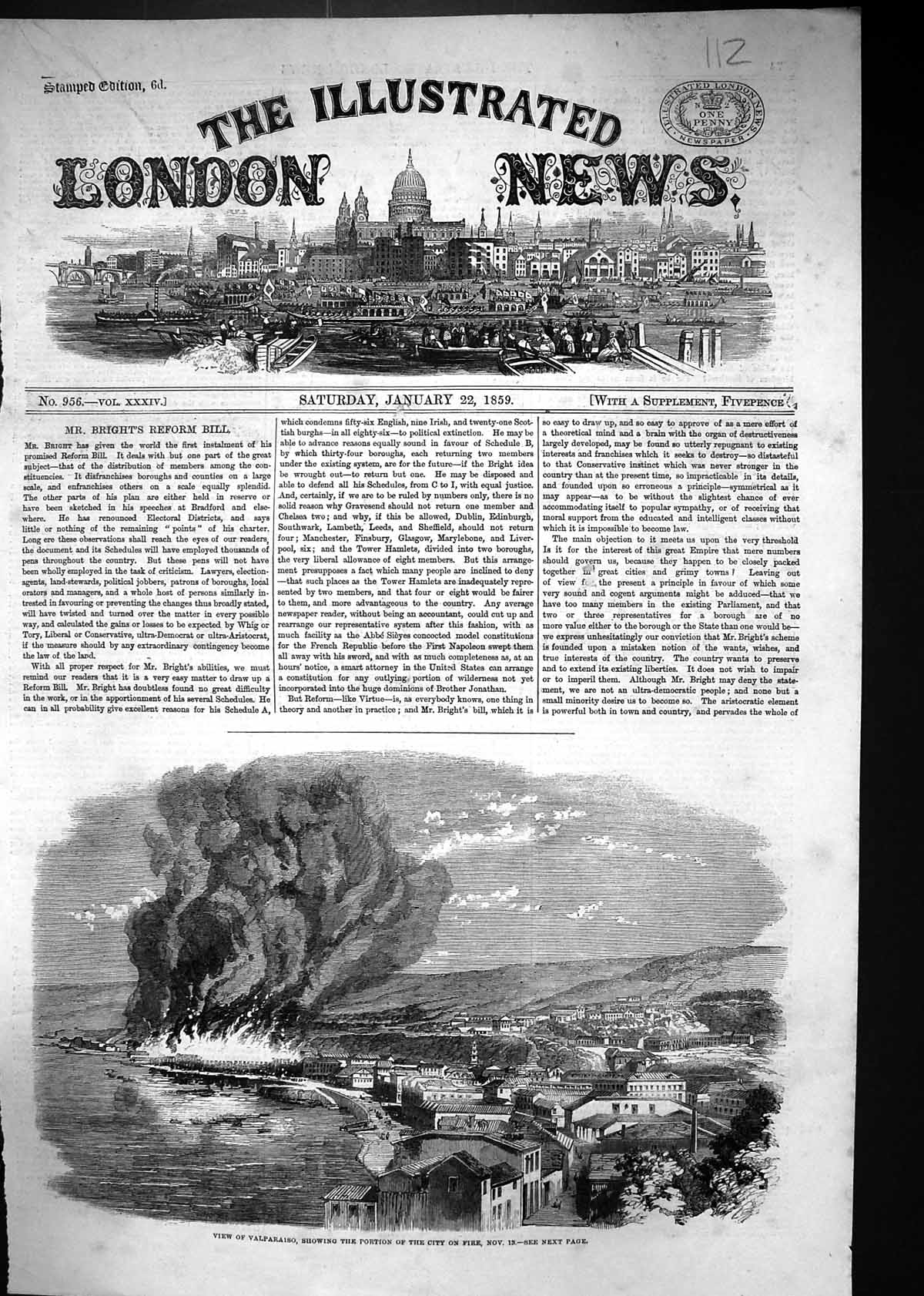 Antique Old Print 1859 View Valparaiso City Fire Houses El Baren George Smith