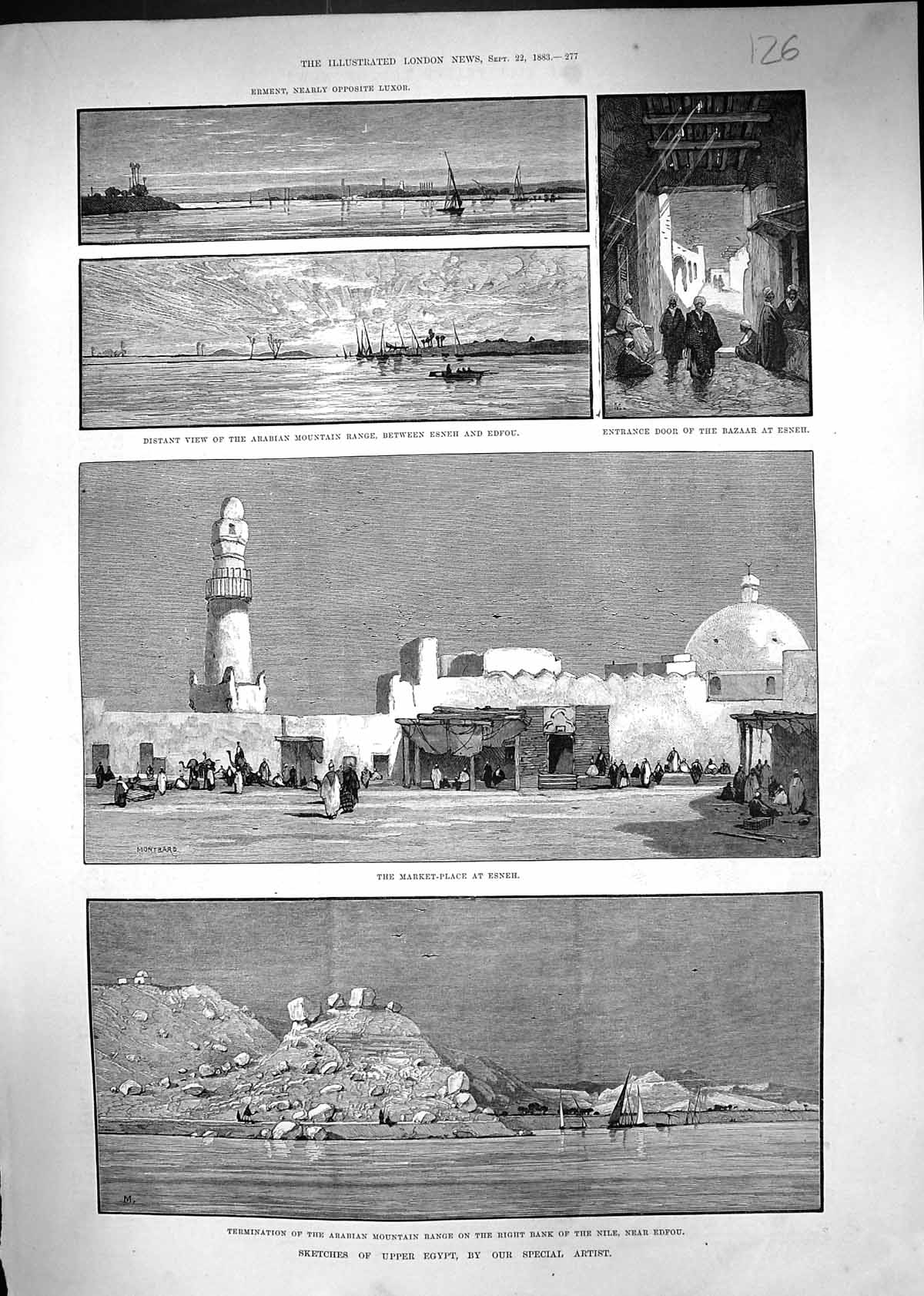 Old 1883 Egypt Market Place Esneh Bazaar Arabian Mountains Nile Edfou Victorian