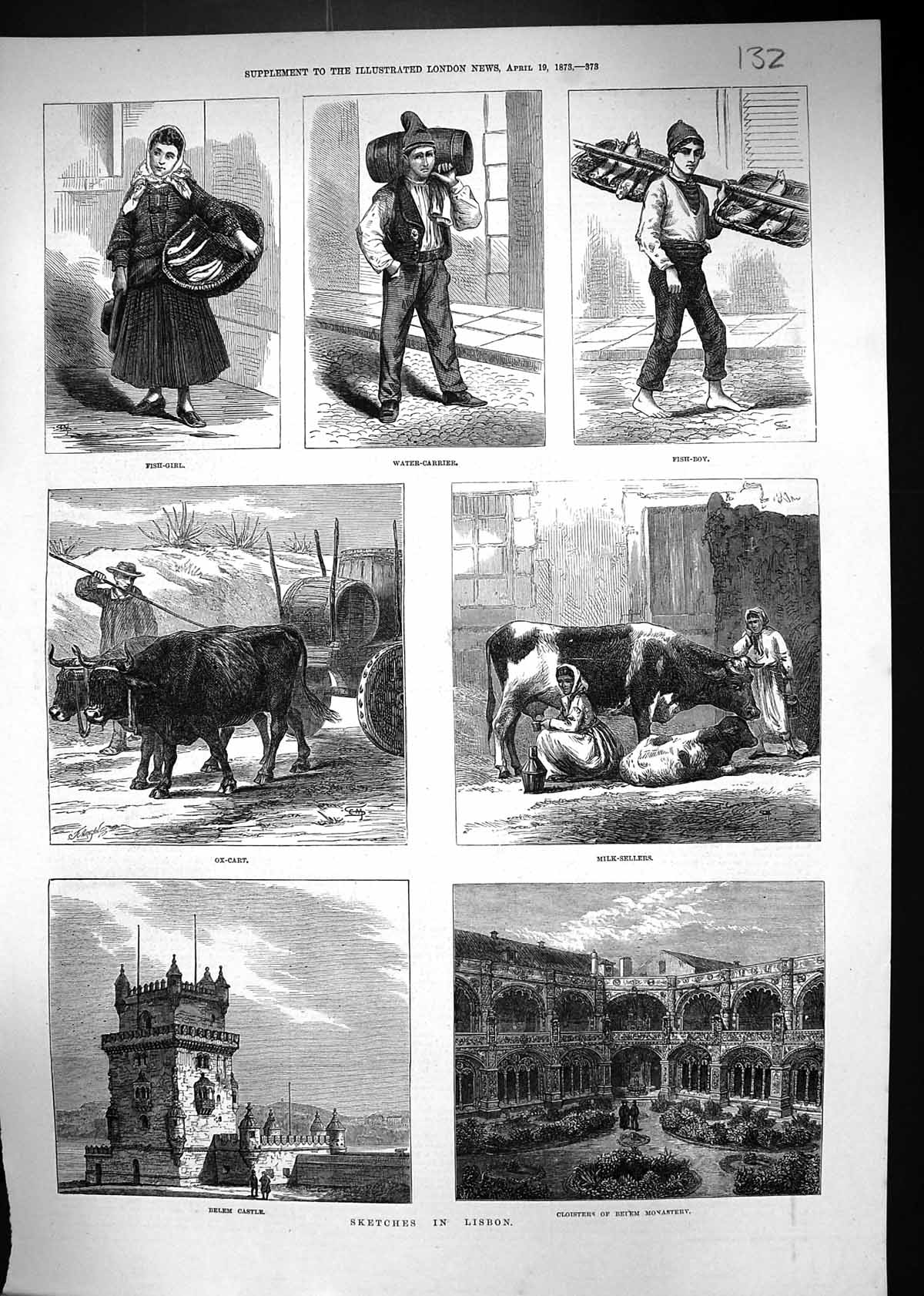 Old 1873 Lisbon Portugal Fish-Girl Belem Castle Cloisters Monastery M Victorian