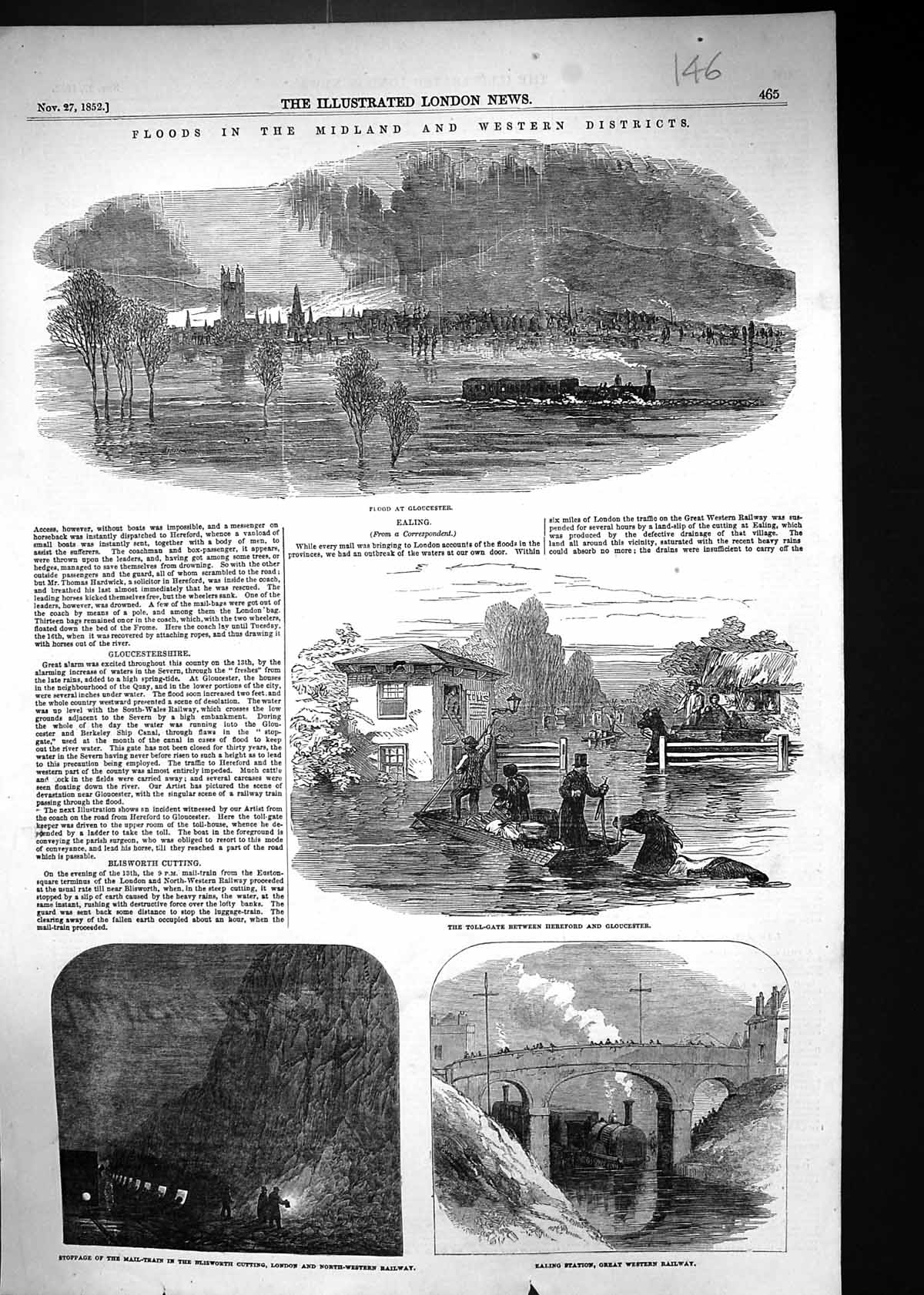 Old 1852 Floods Gloucester Toll-Gate Hereford Mail Train Blisworth Ra Victorian