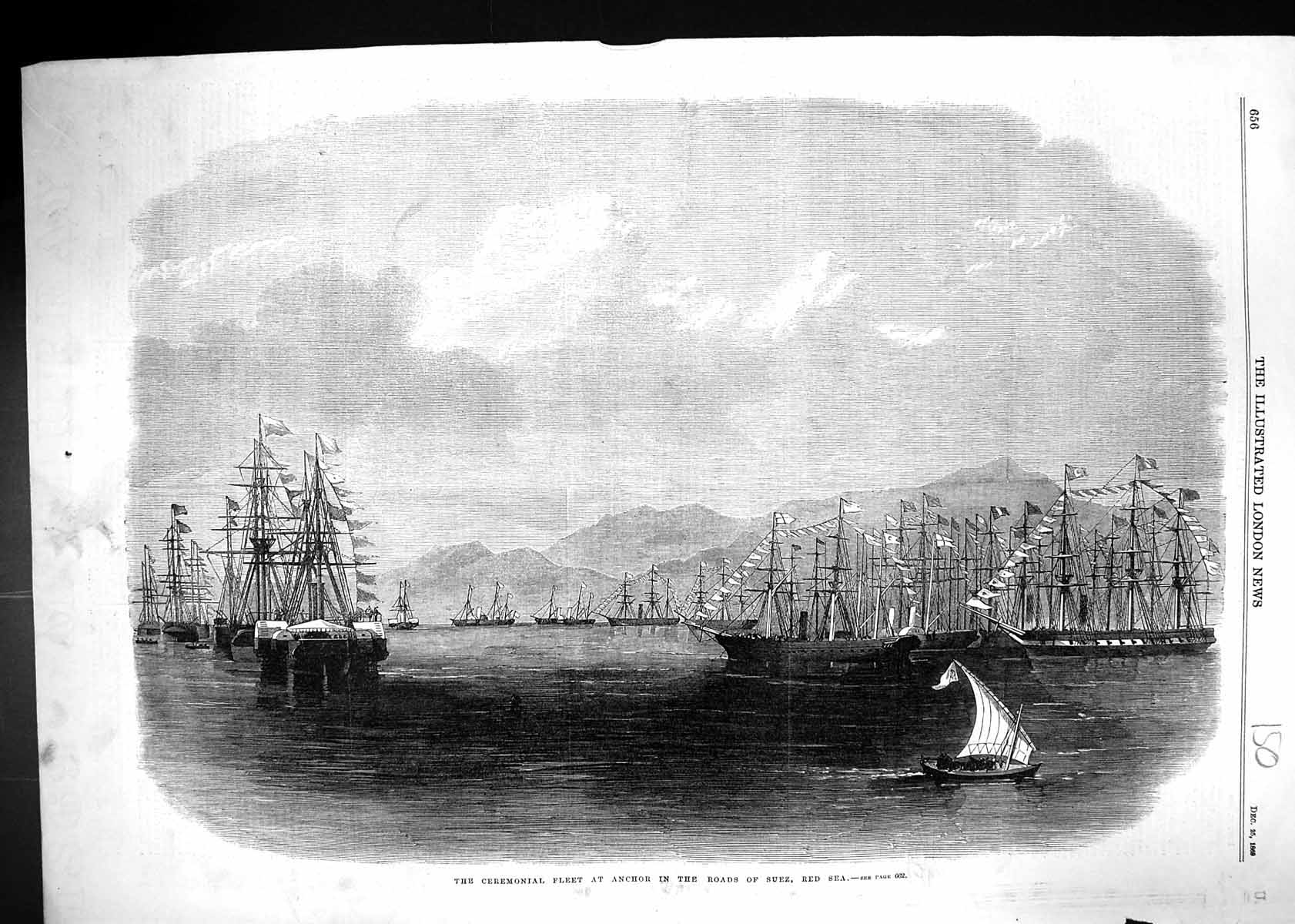 Original Old Antique Print 1869 Ceremonial Fleet Ships Anchor Suez Red Sea 19th