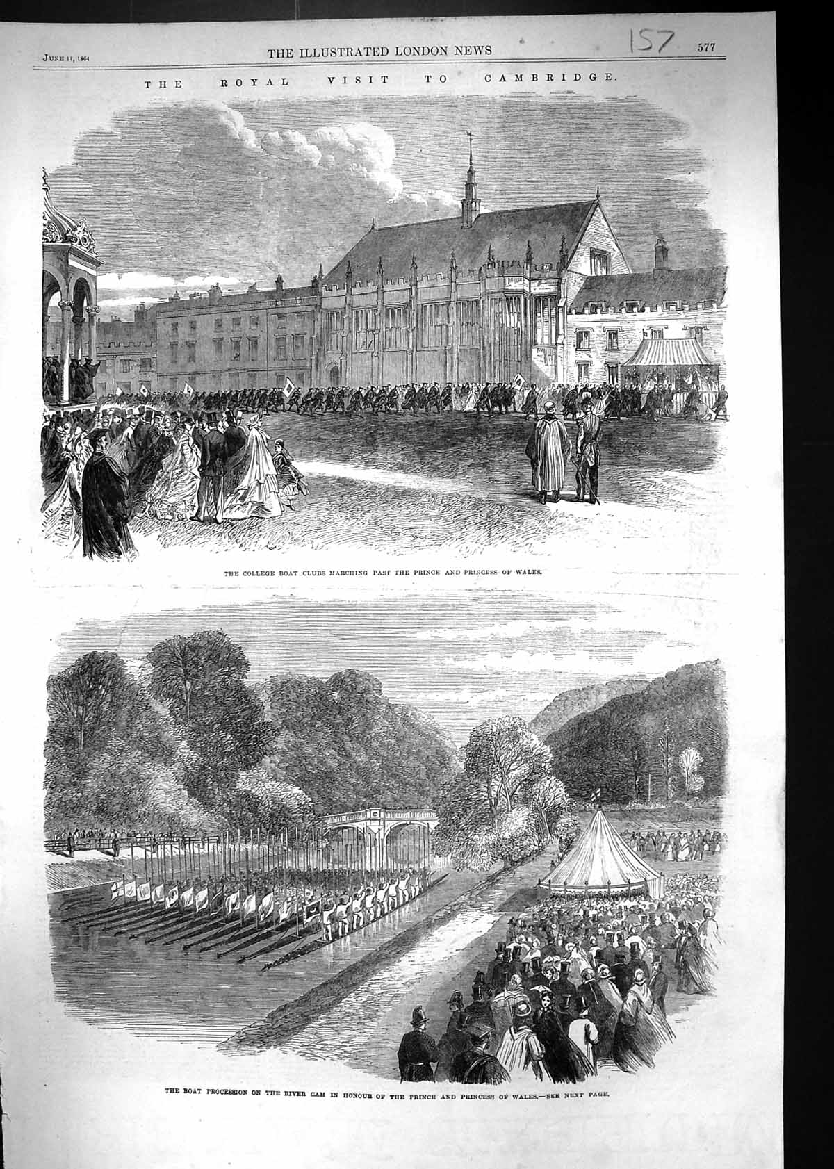 Old 1864 Cambridge College Boat Clubs Prince Wales River Cam Processi Victorian