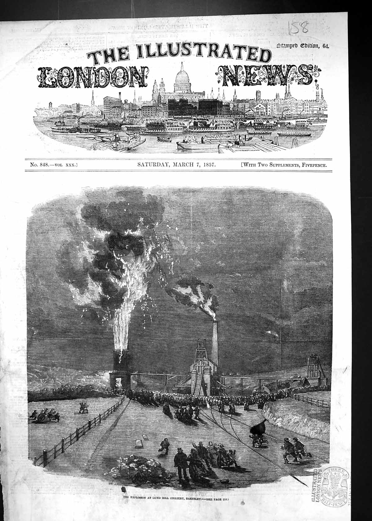 Old Antique Print 1857 Explosion Lund Hill Colliery Coal Mining Barnsley 19th