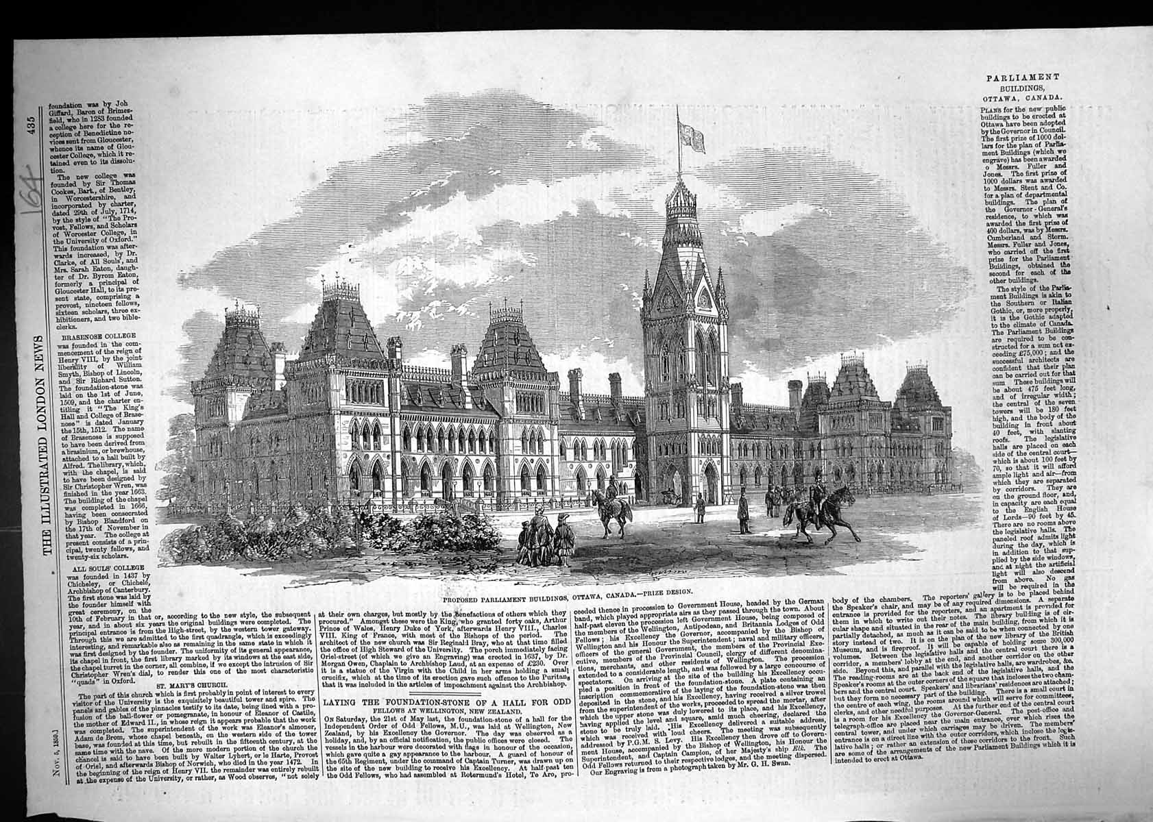 Antique Print 1859 Proposed Parliament Buildings Ottawa Canada Architecture