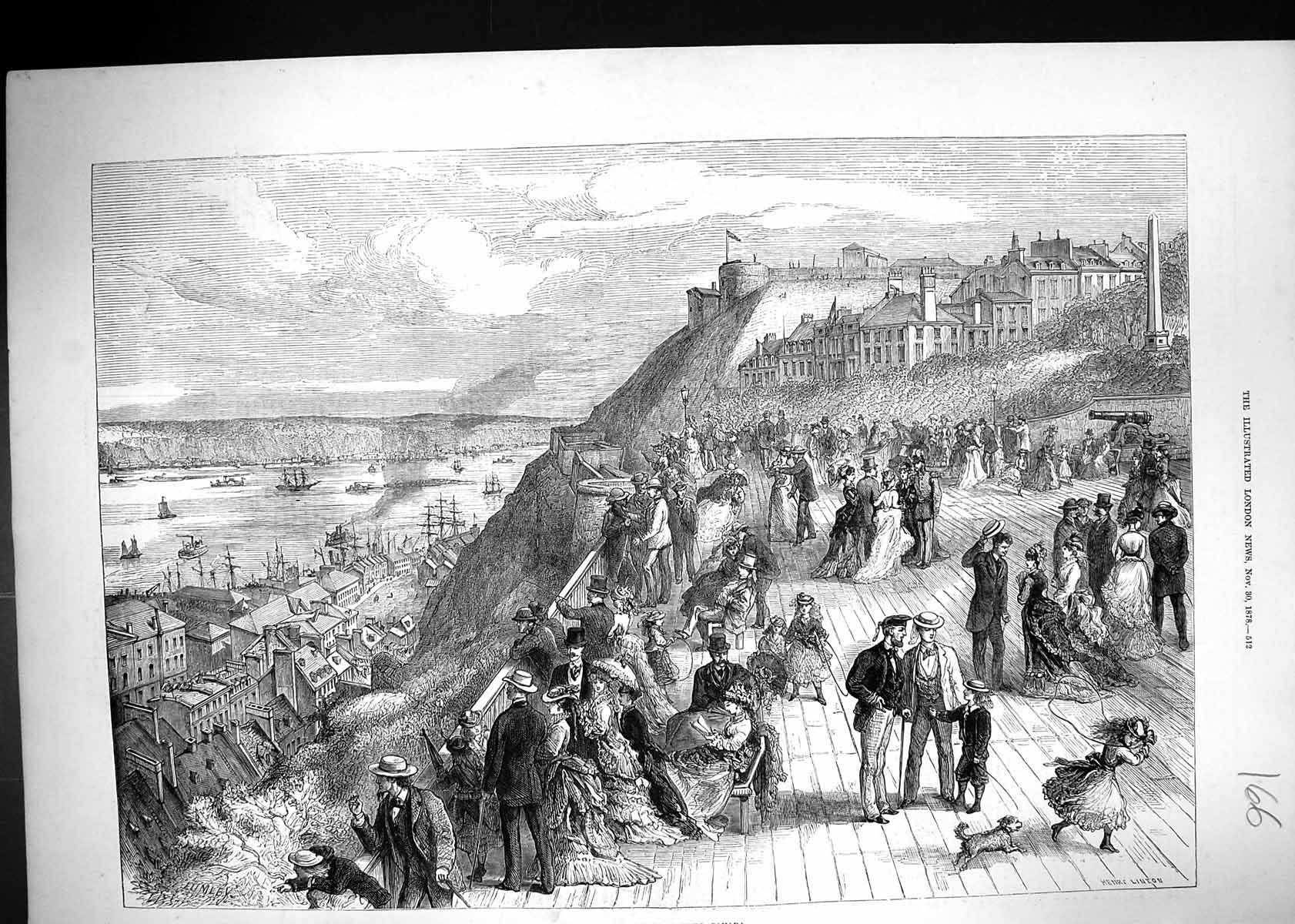 Old 1878 Scene Durham Terrace Quebec Canada People Ships Henry Linton Victorian