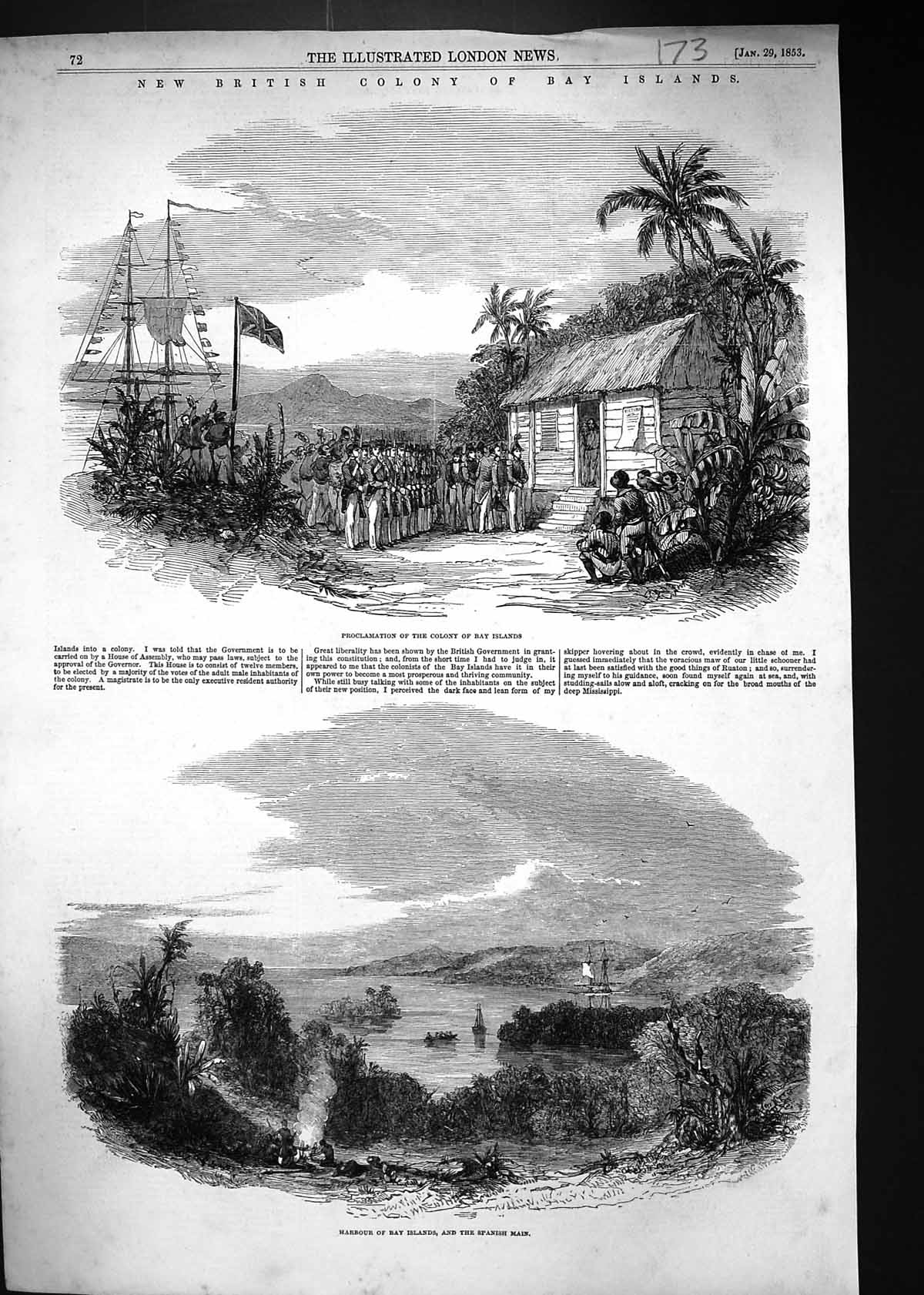 Old Print 1853 British Colony Bay Islands Harbour Spanish Mainland Ships 19th