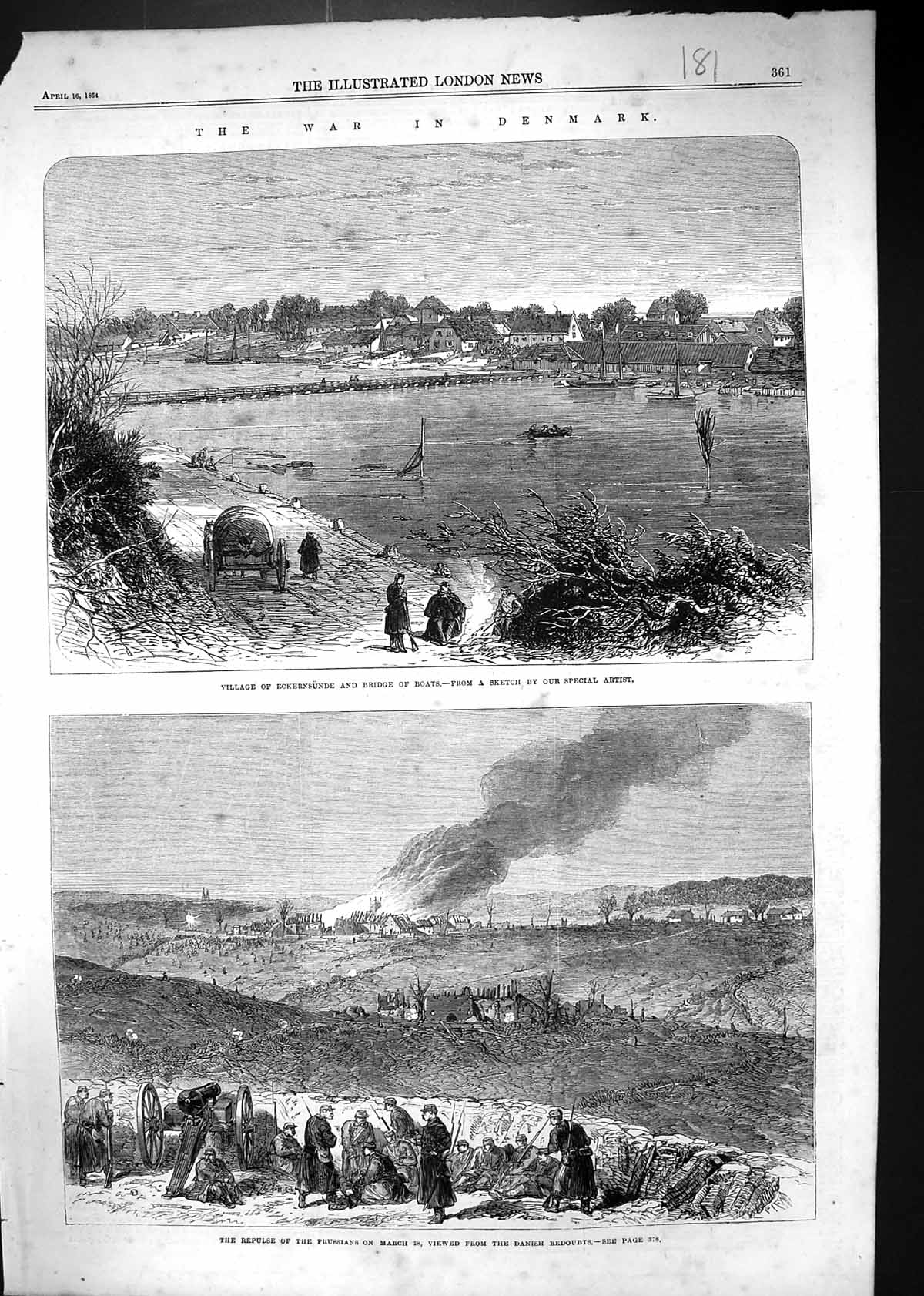 Old Print 1864 War Denmark Village Eckernsunde Bridge Boats Prussian Sie 19th