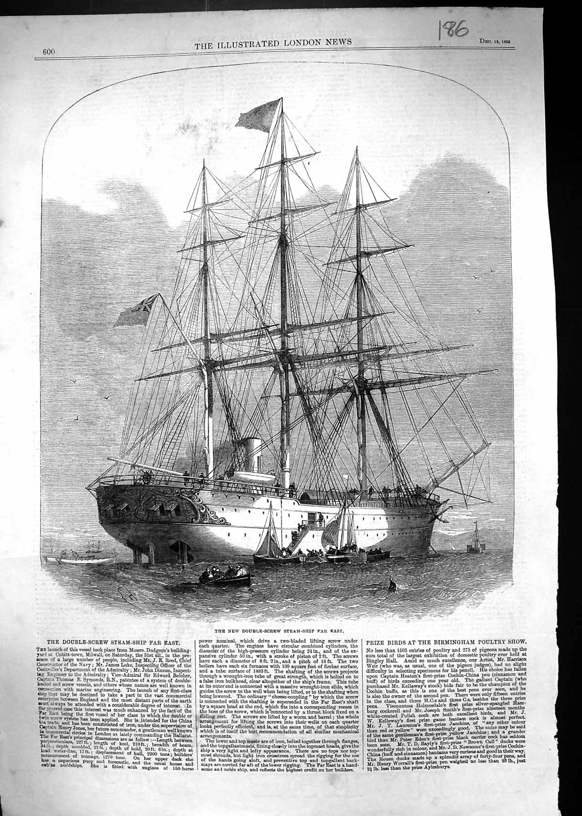 Old 1863 Double Screw Steam Ship Far East Launch Millwall Dudgeon Yar Victorian