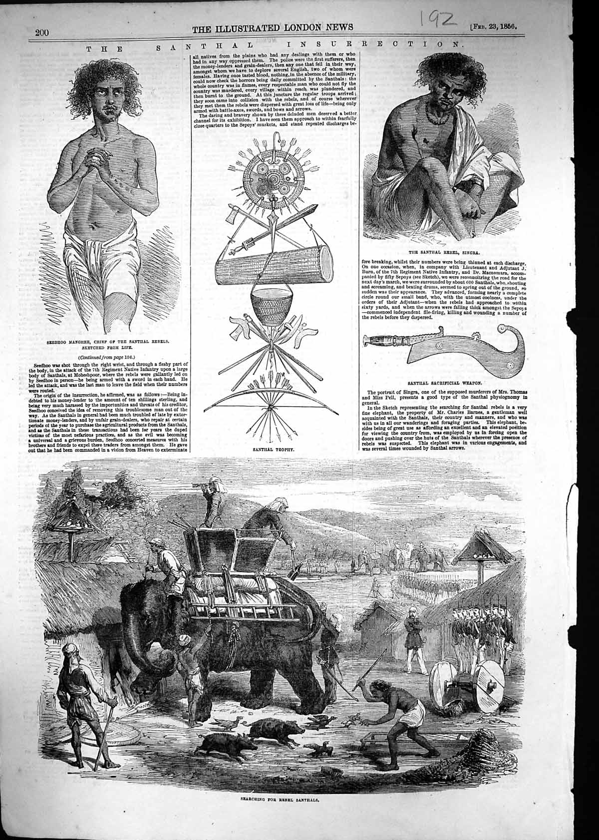 Old 1856 Santhal Insurrection Elephant Rebels Singra Seedhoo Maghee W Victorian