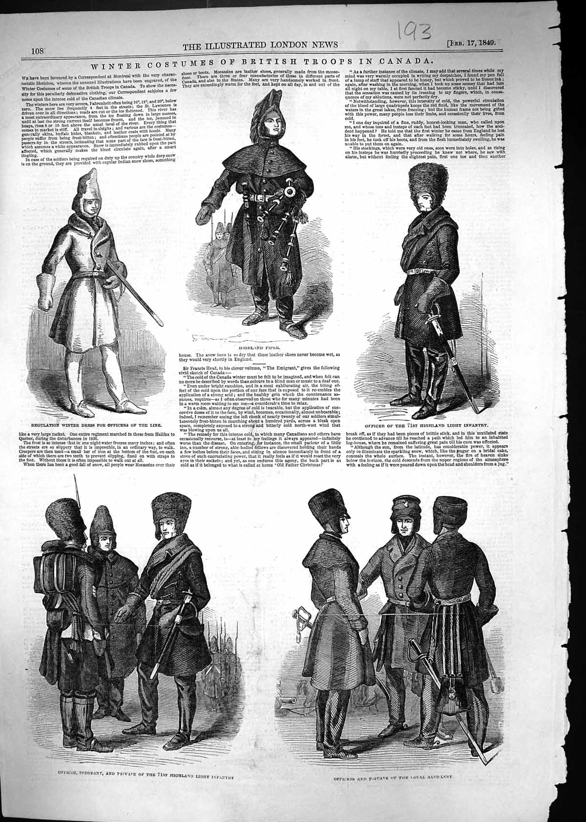 Old 1849 Winter Costumes British Troops Canada Highland Piper Royal A Victorian
