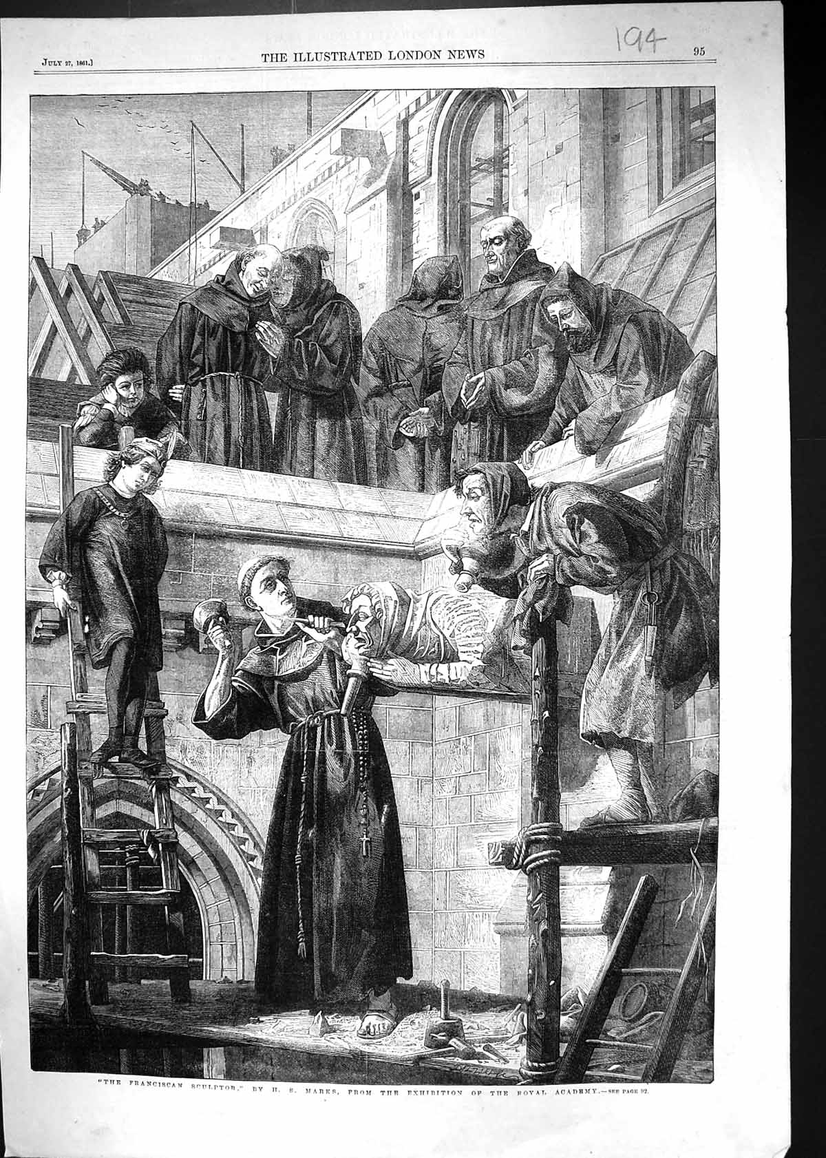 Original Old Antique Print 1861 Franciscan Sculptor Monks Royal Academy Marks