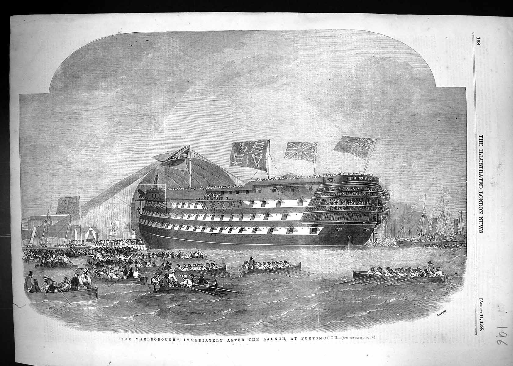 Old Antique Print 1855 Marlborough Ship Launch Boats Portsmouth England 19th