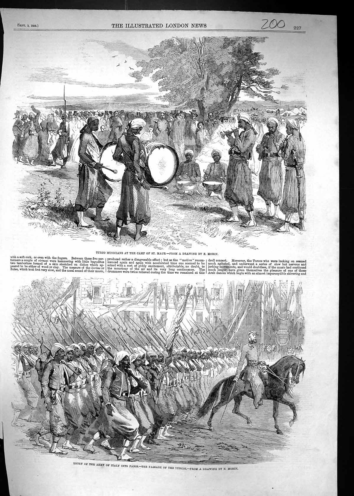 Antique Print 1859 Turco Musicians Camp St. Maur Siers Entry Paris Marching