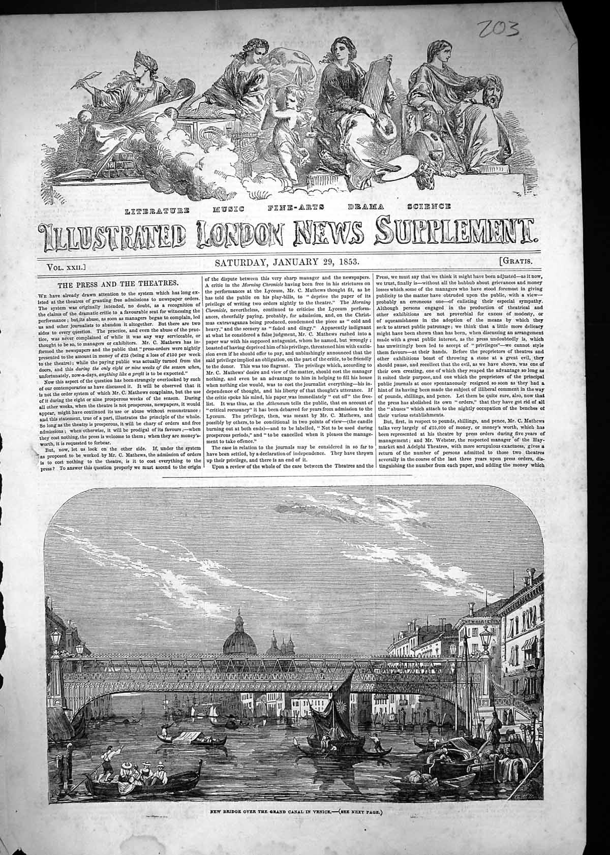 Original Old Antique Print 1853 New Bridge Over Grand Canal Venice Italy Boats