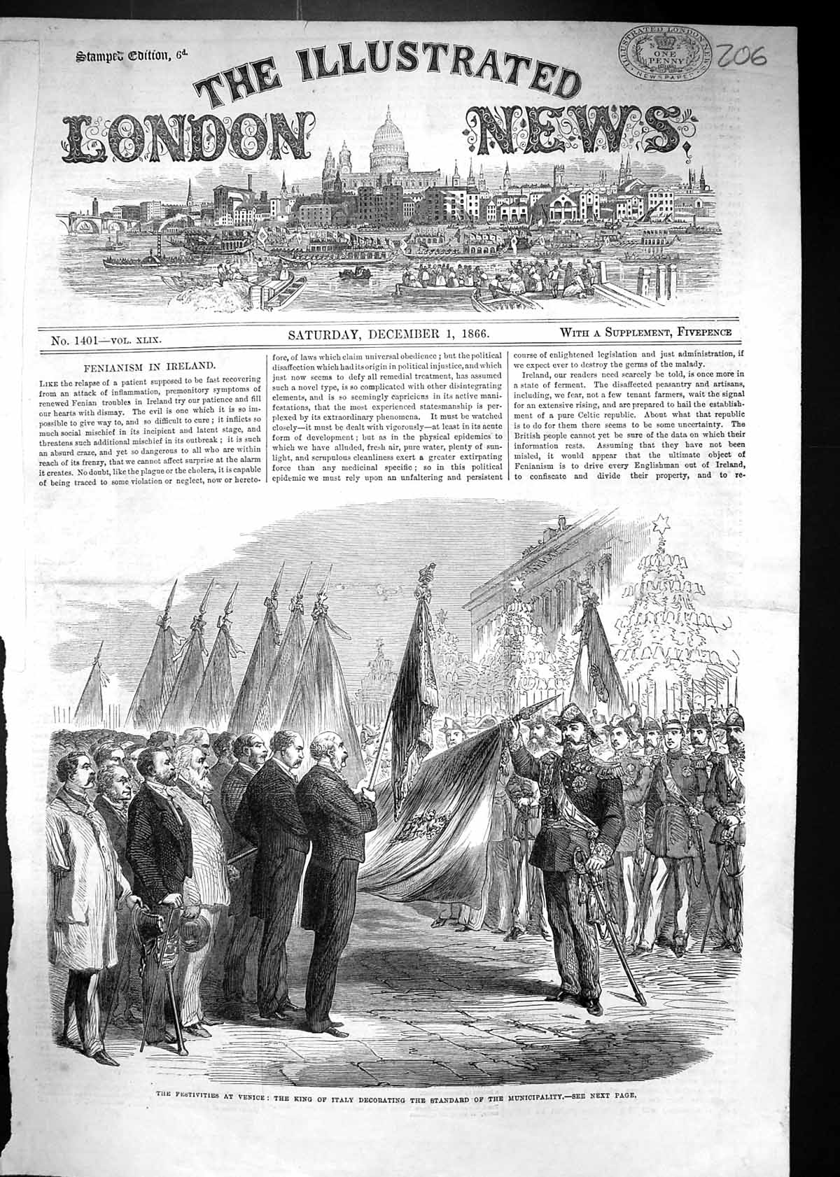 Antique Old Print 1866 Festivities Venice King Italy Standard Municipality 19th