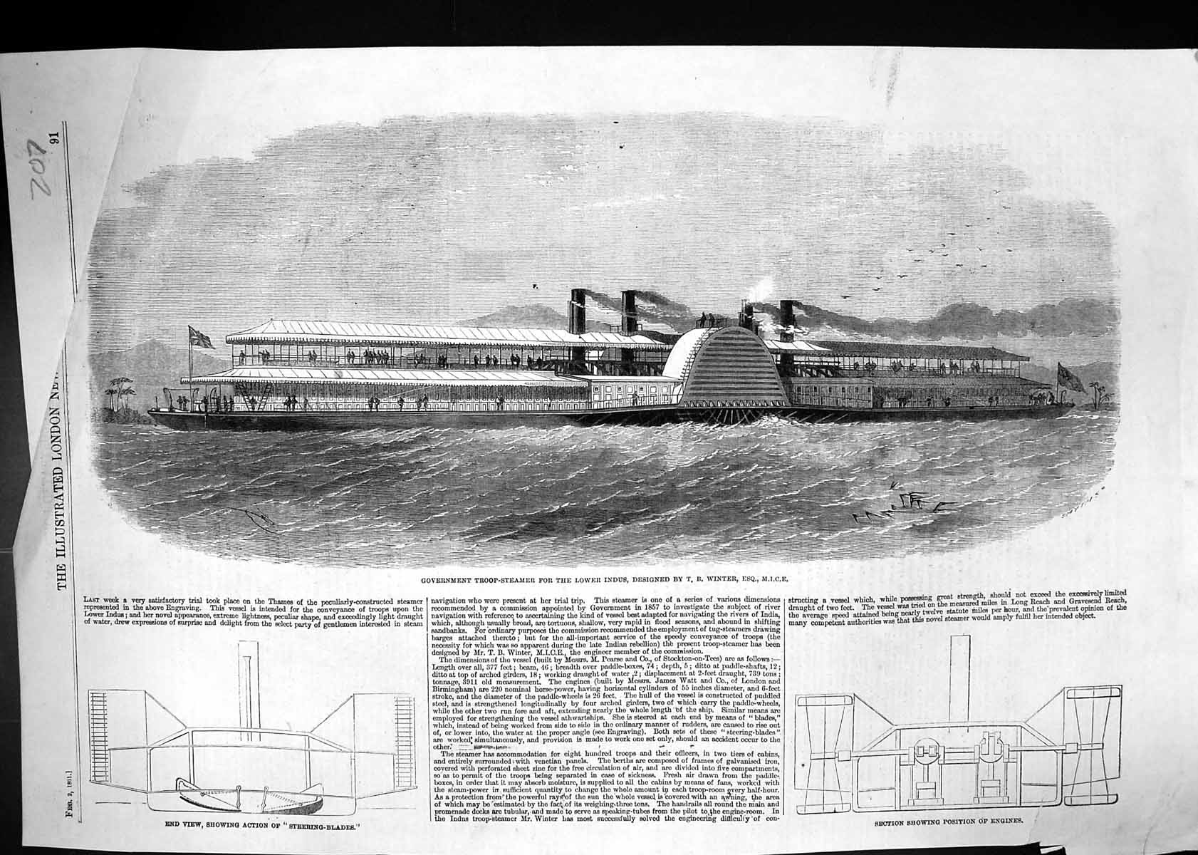 Old 1861 Government Troop Ship Steamer Lower Indus Steering Blades En Victorian