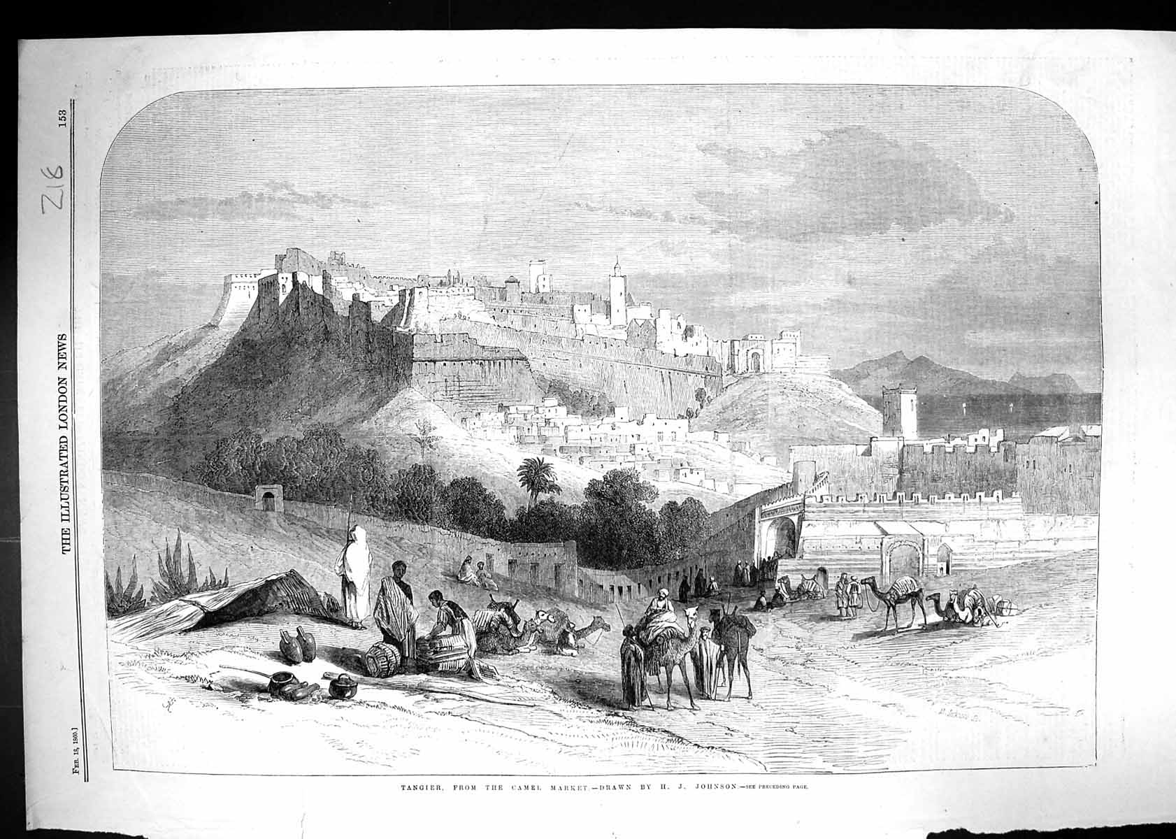 Original Old Antique Print 1860 View Tangier Camel Market Architecture 19th