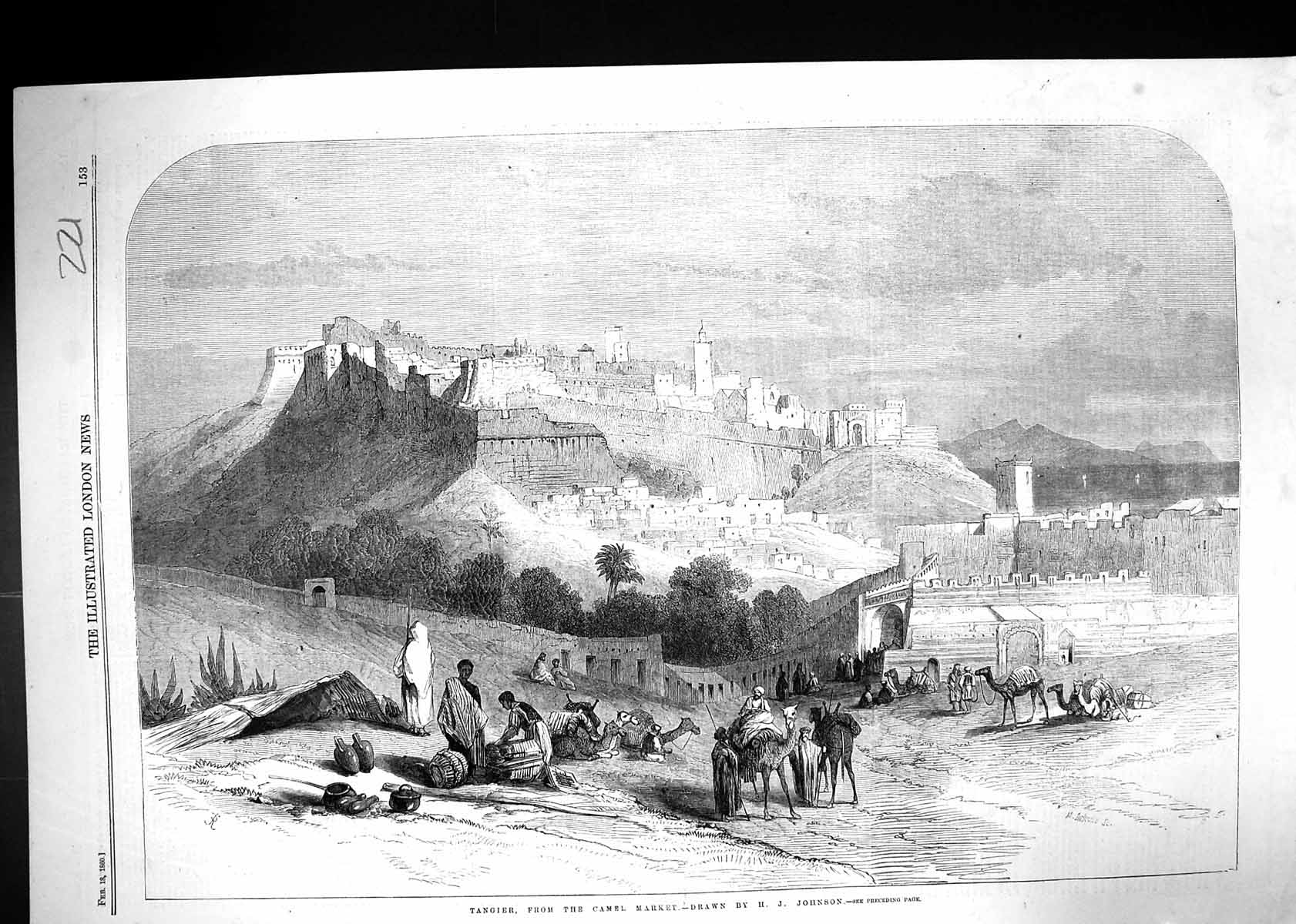 Antique Old Print 1860 View Tangier Camel Market Architecture North Africa 19th