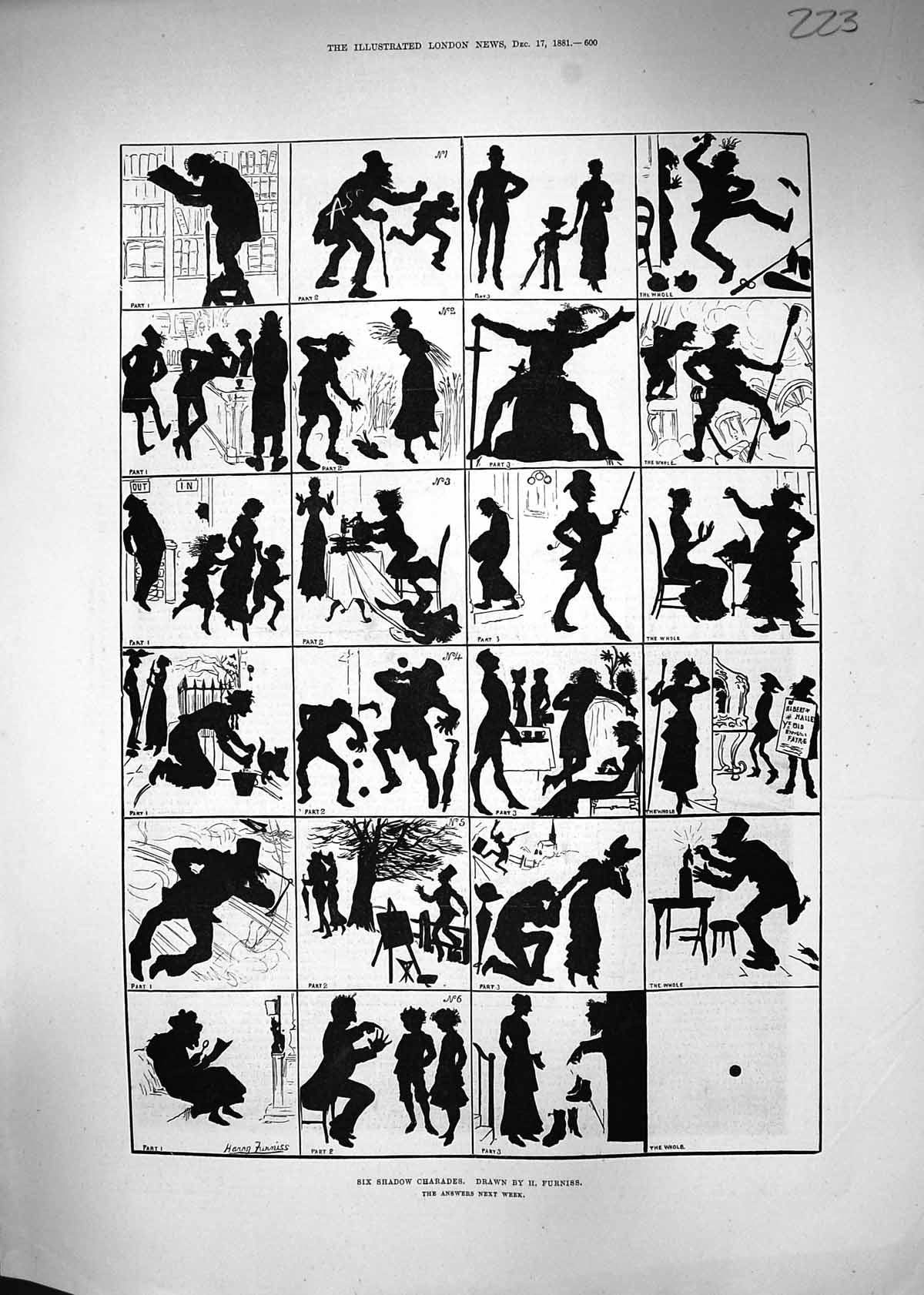 Original Old Antique Print 1881 Six Shadow Charades Drawing Furniss Victorian