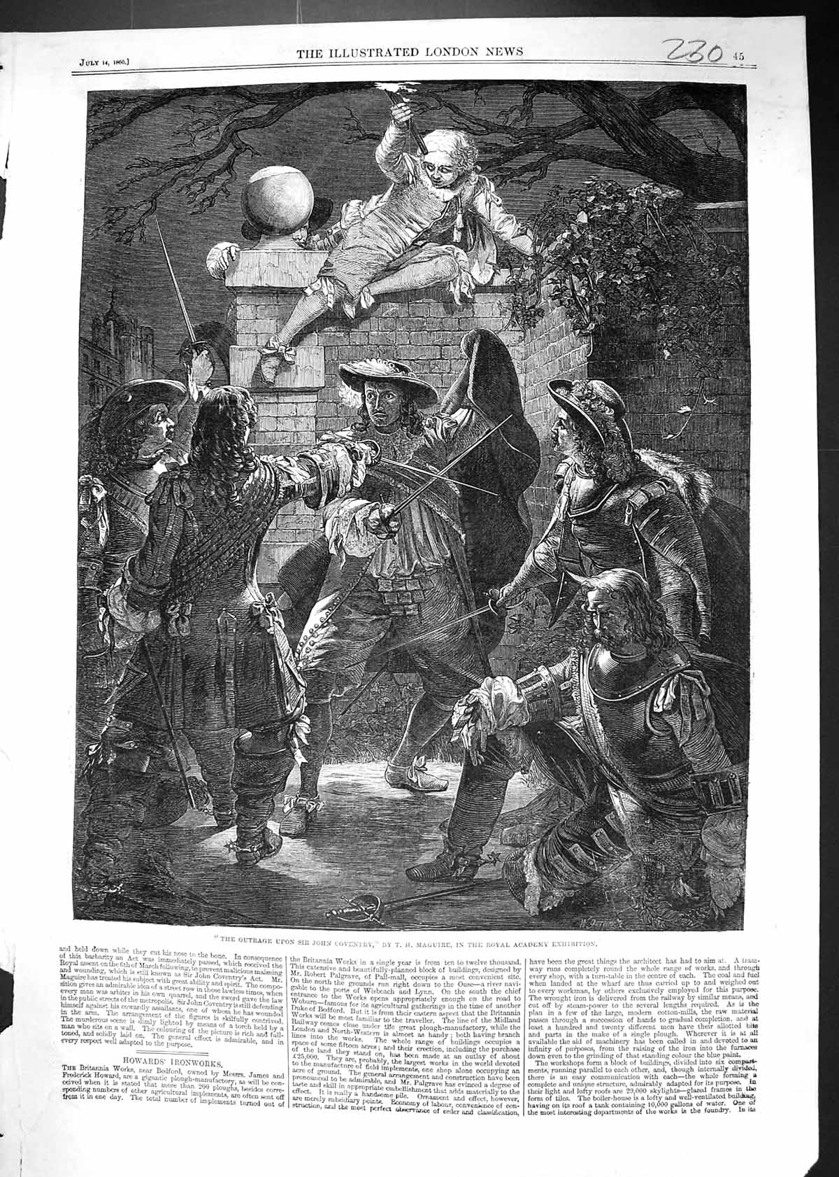 Antique Old Print 1860 Outrage Sir John Coventry Battle Swords Royal Academy