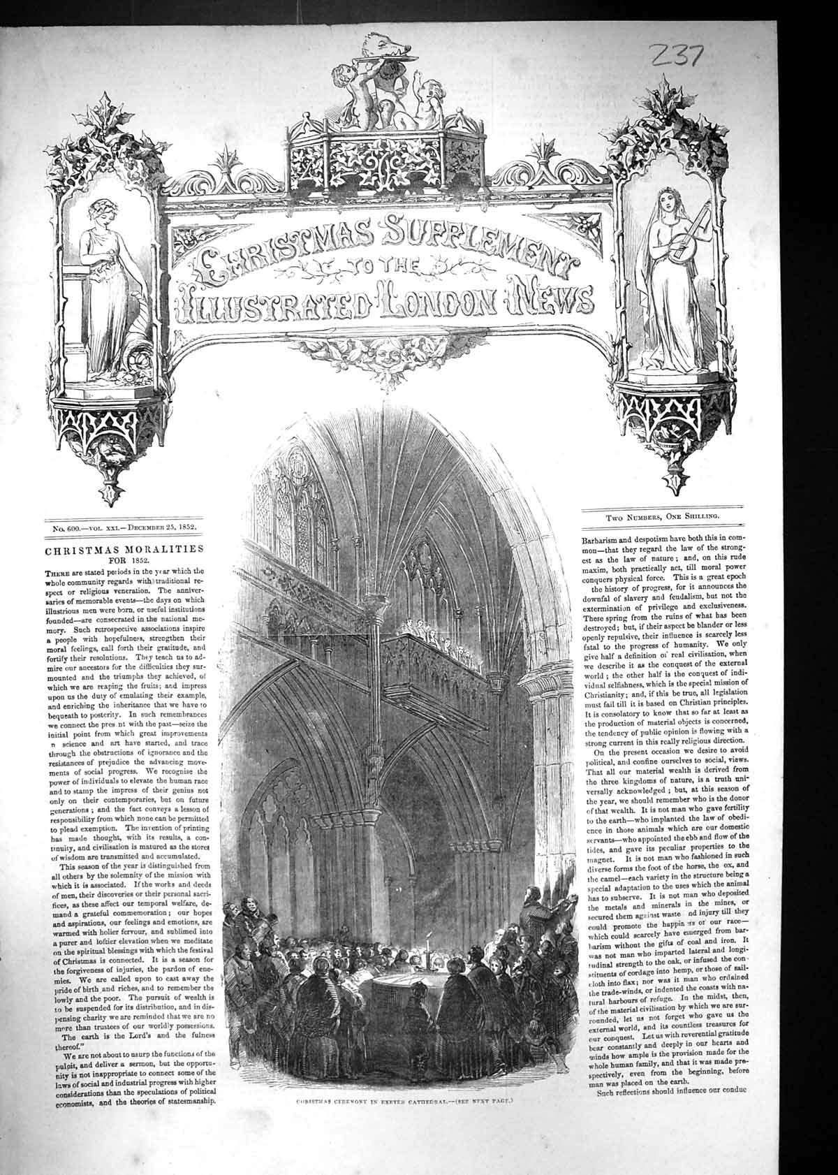 Old Antique Print 1852 Christmas Ceremony Exeter Cathedral Architecture 19th
