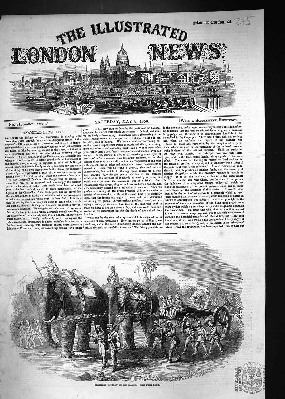 Original Old Antique Print 1858 War Siers Elephant Battery Marching India 19th