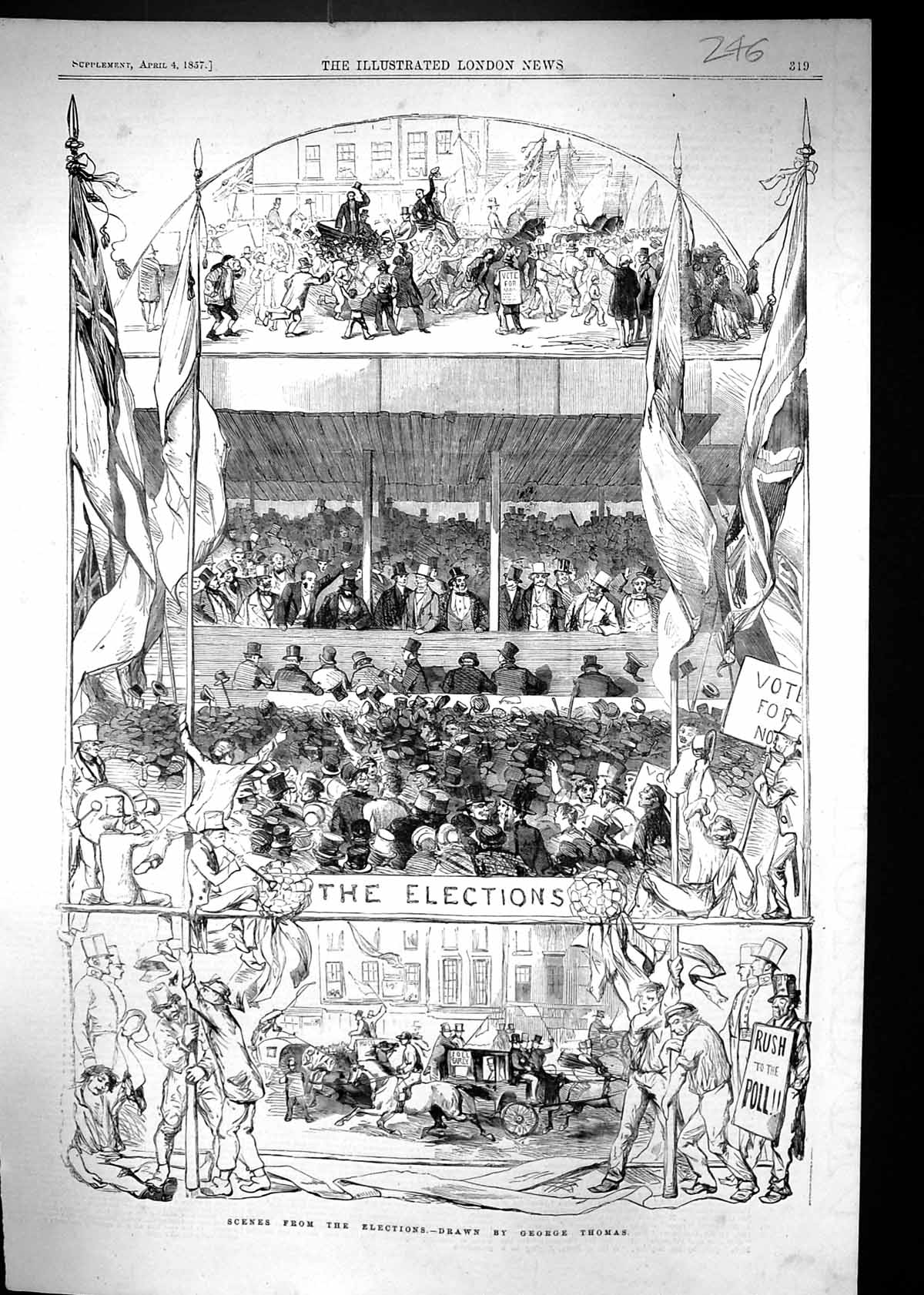 Antique Print 1857 Election Scenes Polling Voting Parliament George Thomas 19th