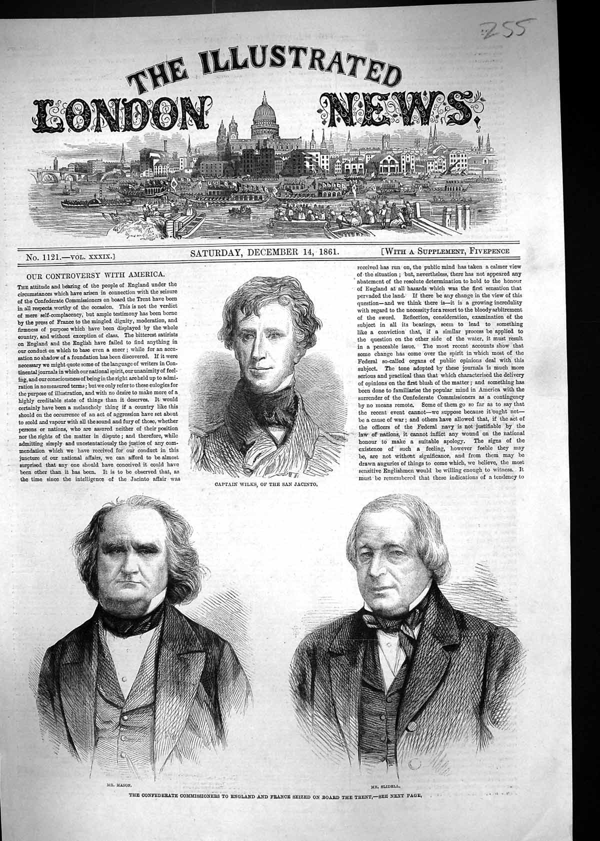 Old Print 1861 Captain Wilks San Jacinto Mason Slidell Civil War Commissi 19th