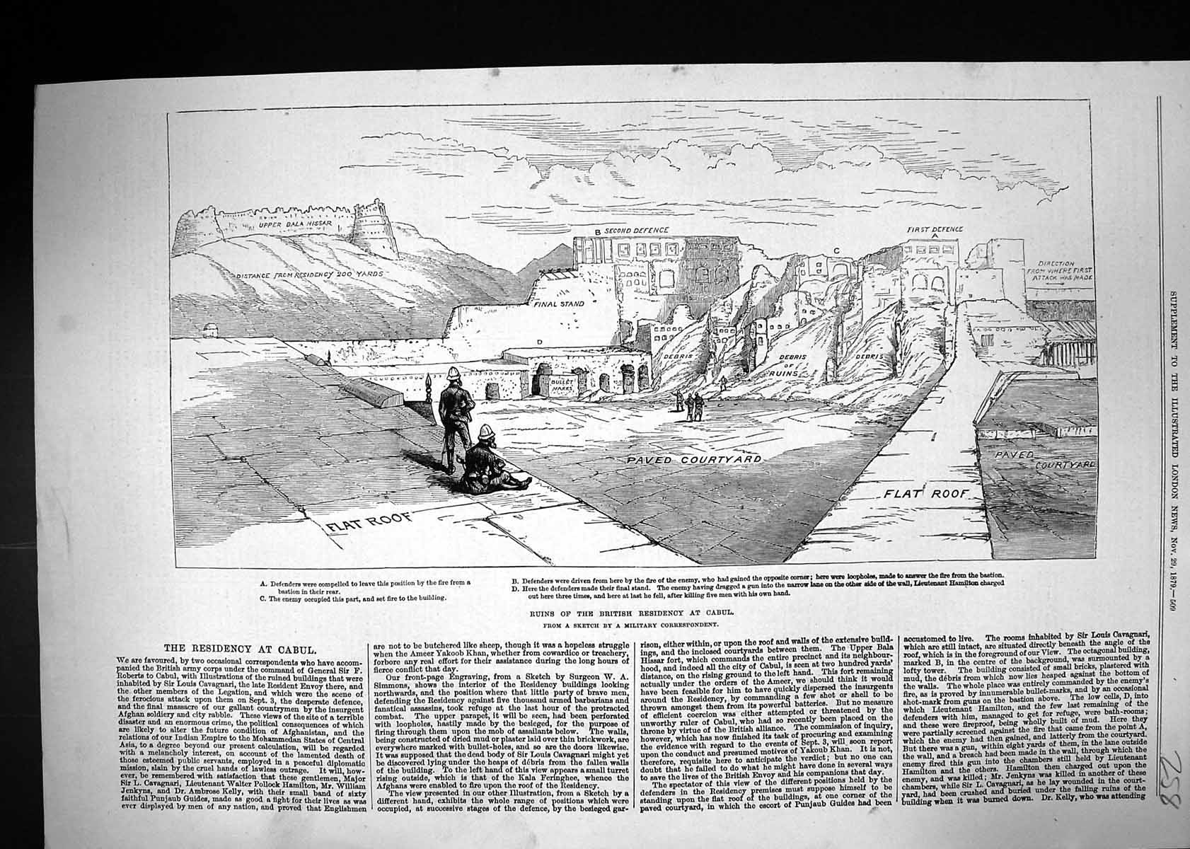 Old Print 1879 Ruins British Residency Cabul Afghanistan Bala Hissar Sie 19th