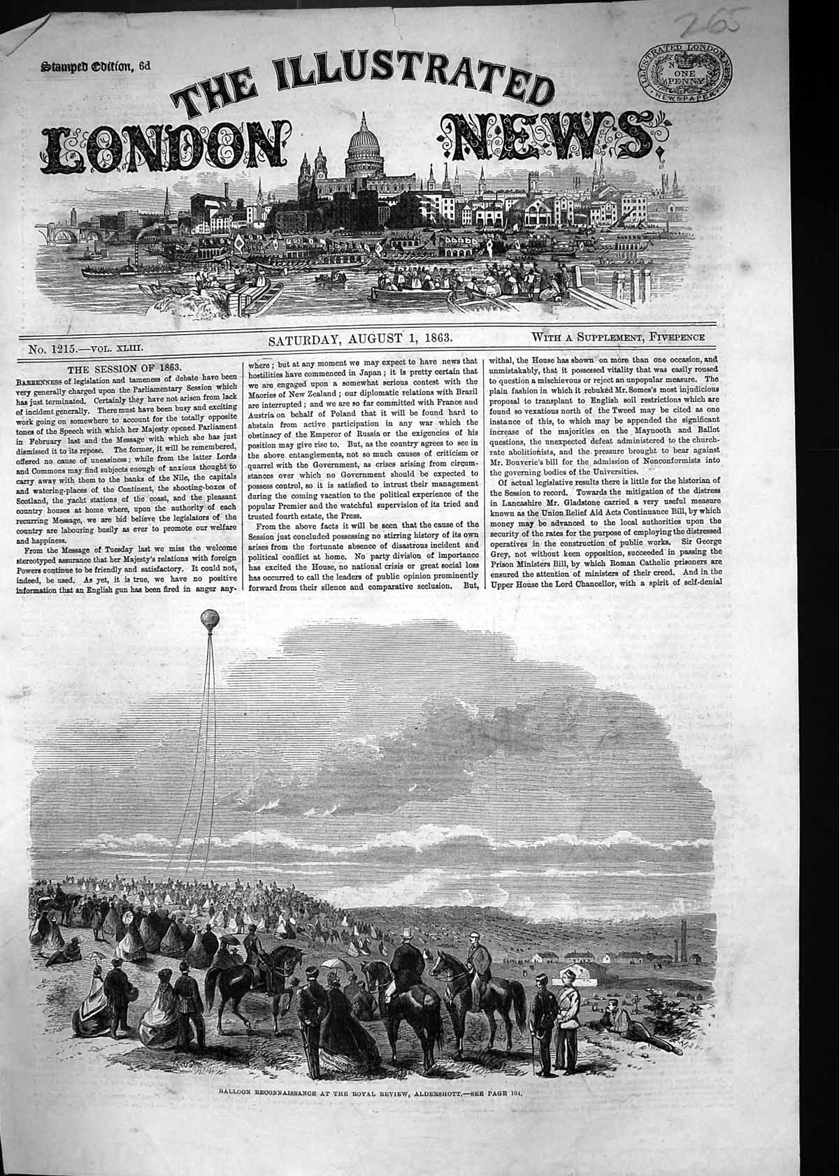 Antique Print 1863 Balloon Reconnaissance Royal Review Aldershott War Siers