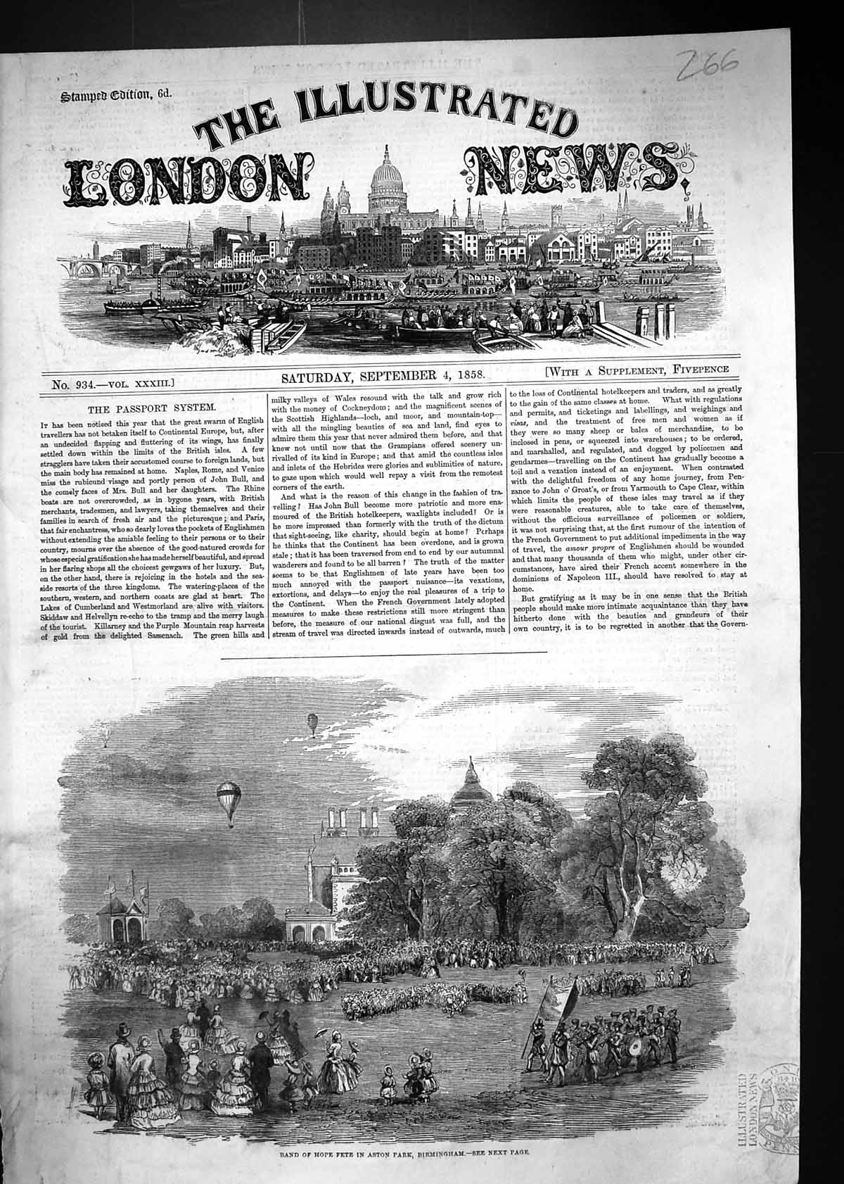 Antique Old Print 1858 Band Hope Fete Aston Park Birmingham Hot Air Balloon