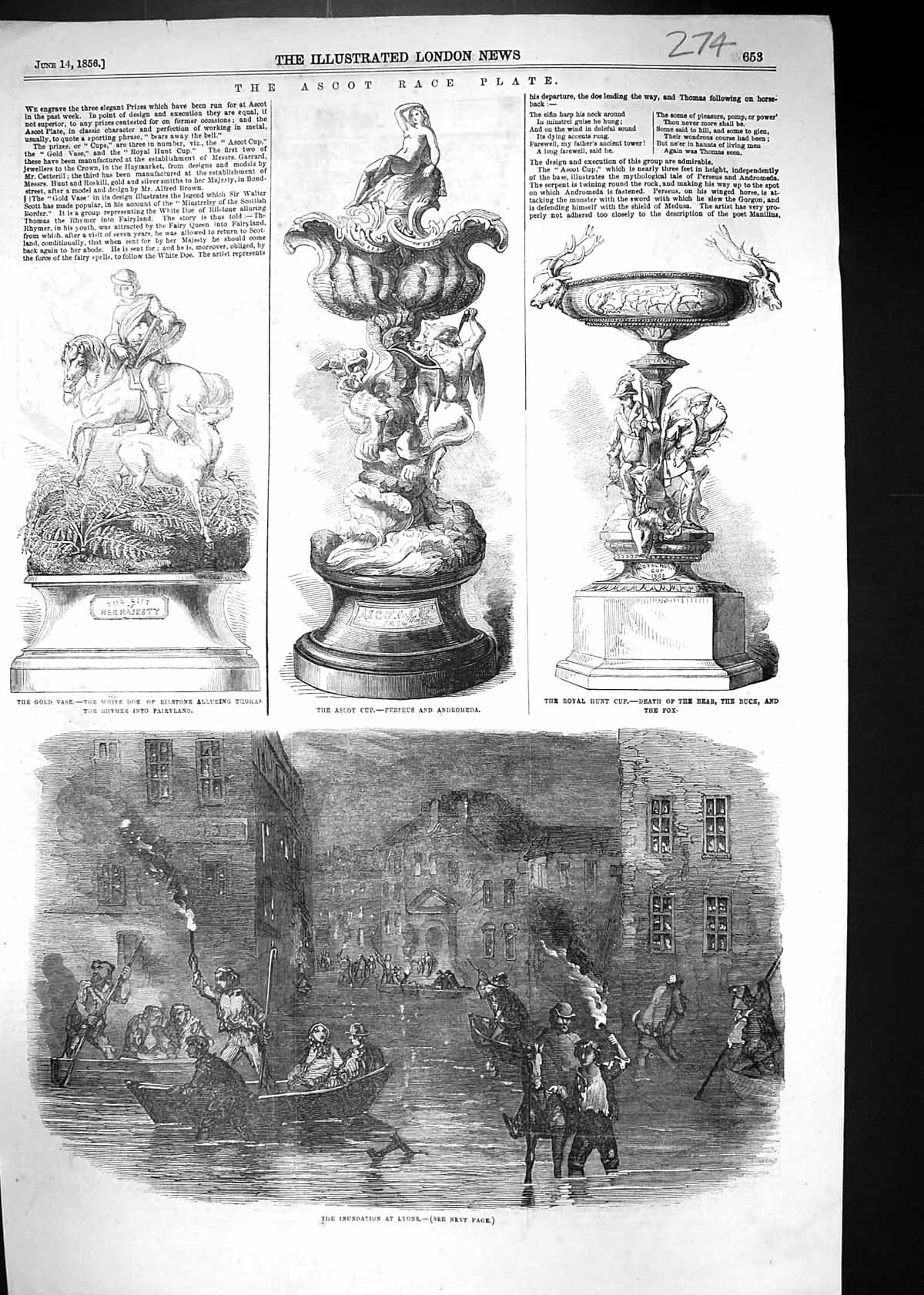 Antique Print 1856 Ascot Horse Racing Plate GVase Cup Royal Hunt Inundation