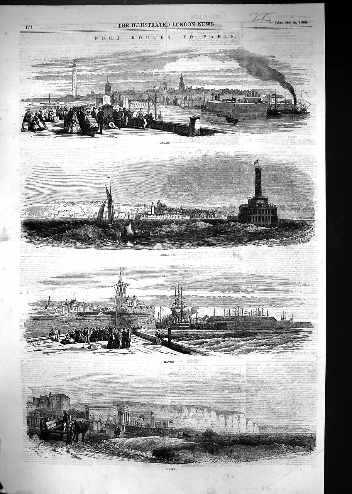 Original Old Antique Print 1856 Paris France Calais Boulogne Havre Dieppe Ships