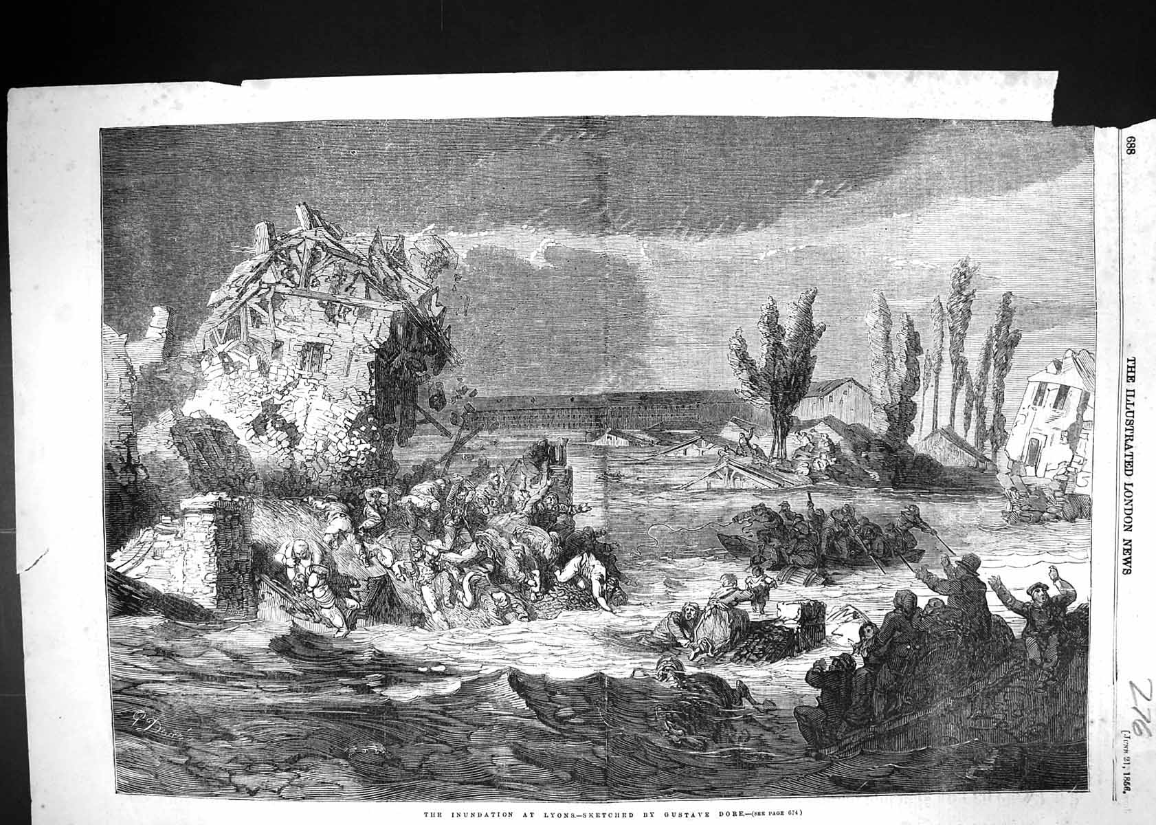 Original Old Antique Print 1856 Inundation Lyons France Floods Gustave Dore