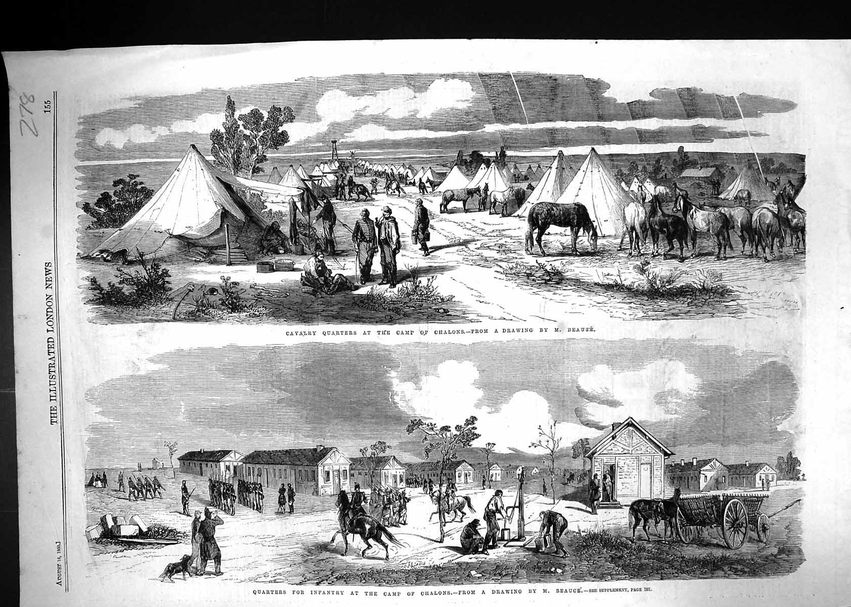 Old Print 1860 Cavalry Quarters Camp Chalons Infantry Siers War Horses O 19th