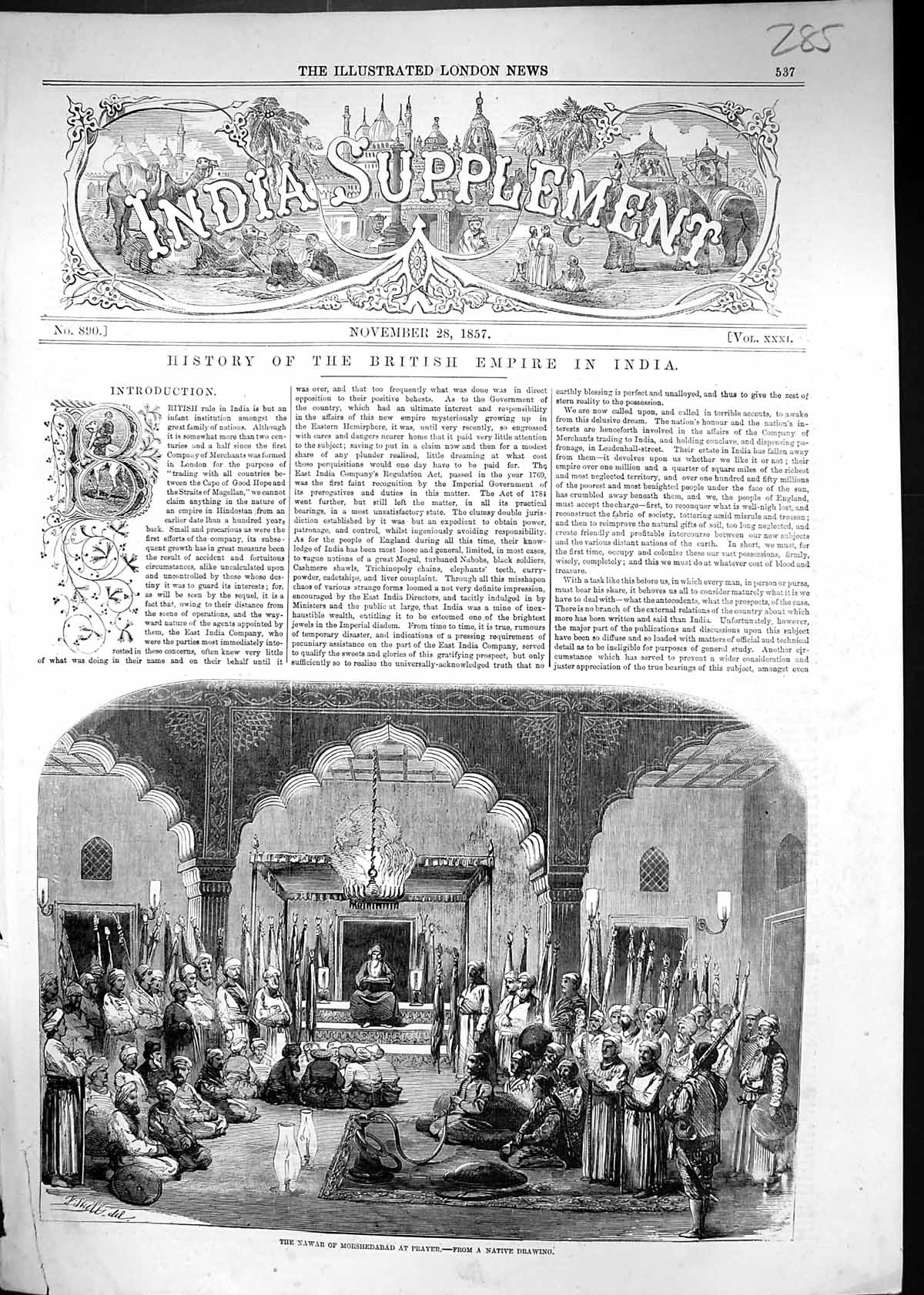Original Old Antique Print 1857 Nawab Morshedabad Prayer Inda People Victorian