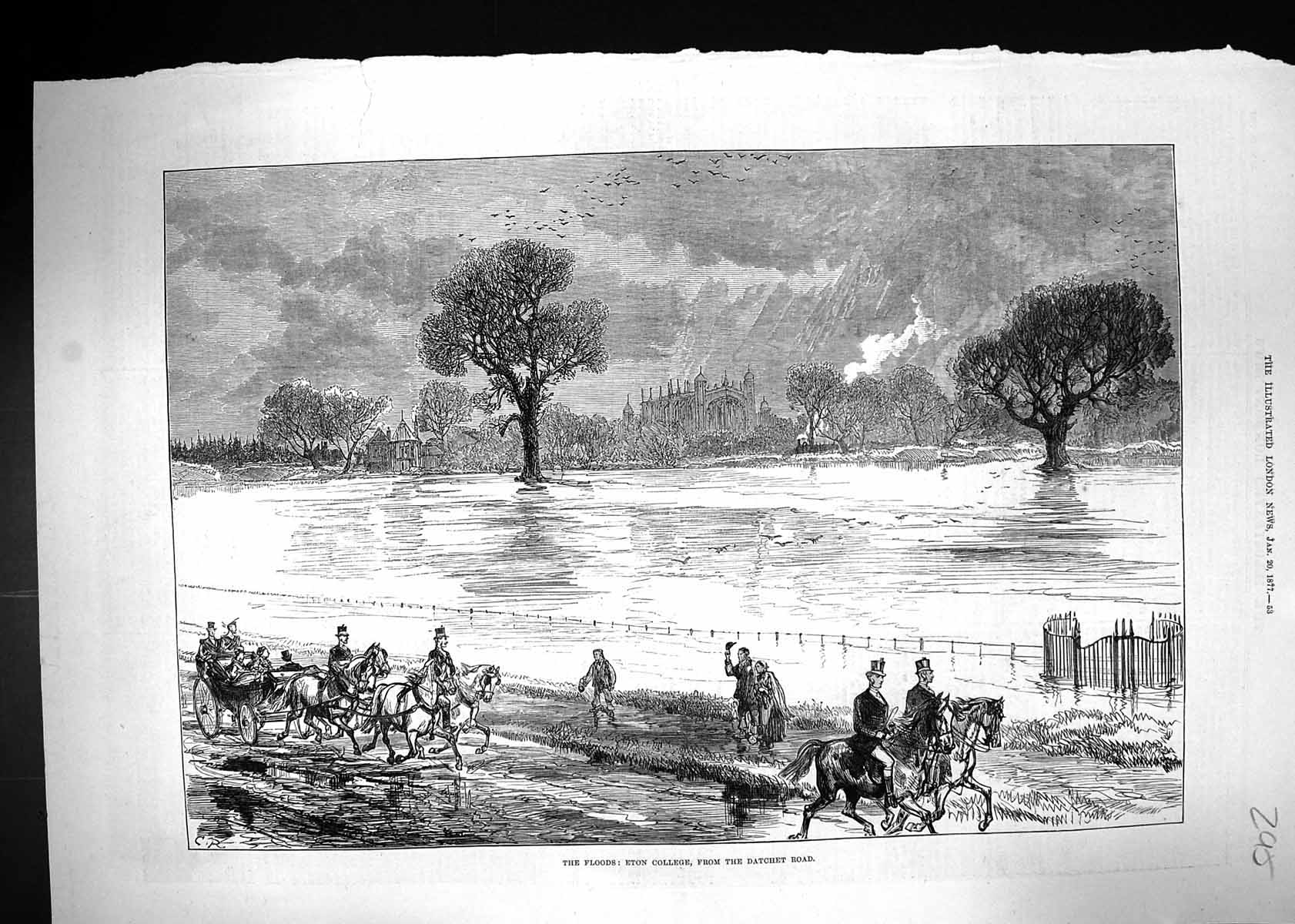 Antique Print 1877 Floods Eton College Datchet Road London Horses Carriage 19th