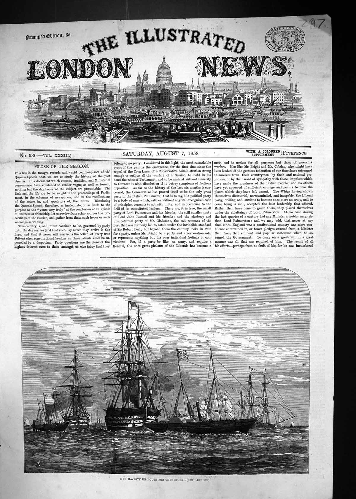 Original Old Antique Print 1858 Her Majesty Queen Ship En Route Cherbourg 19th