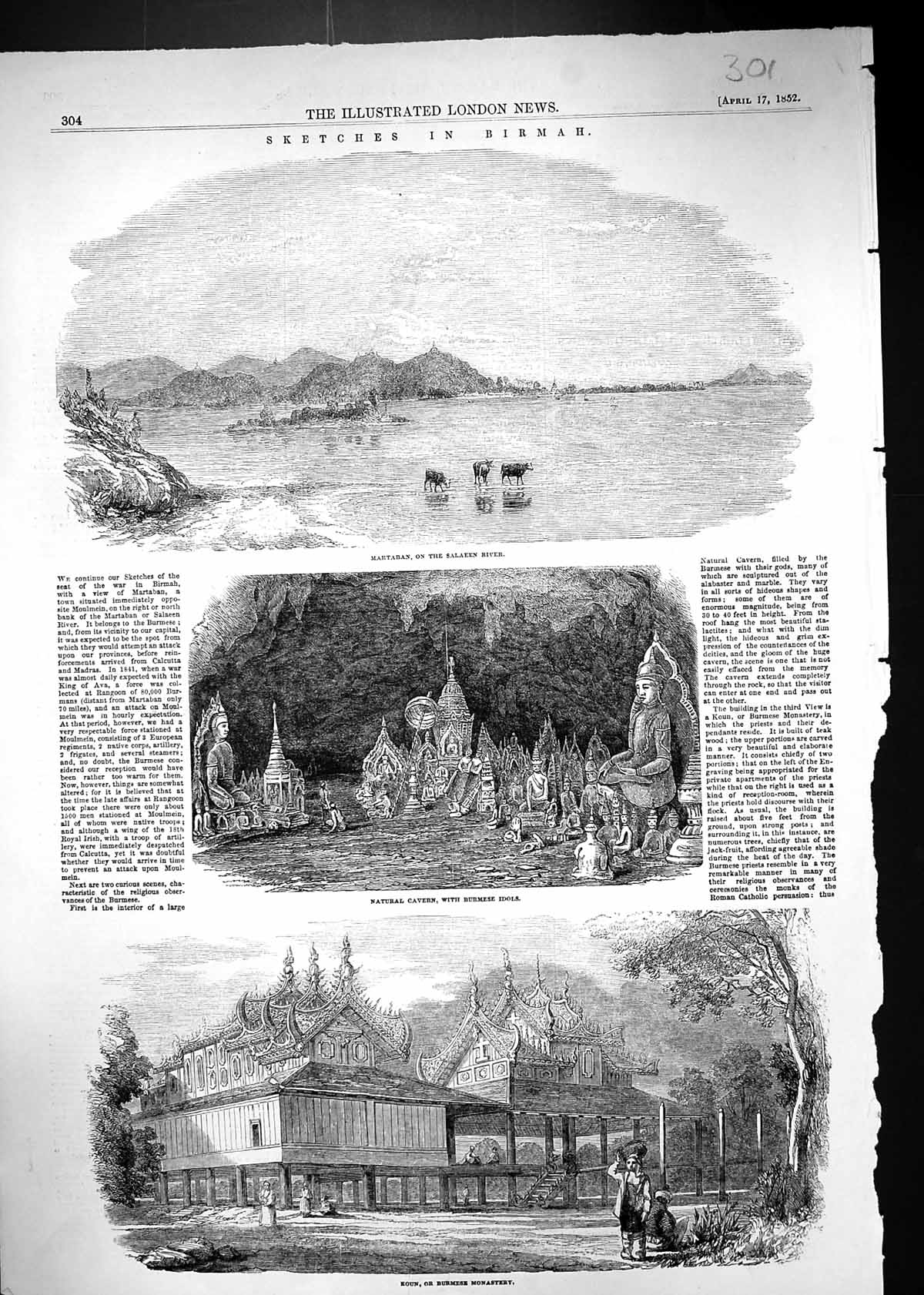 Old 1852 Birmah Martaban Saleen River Cavern Burmese Idols Koun Monas Victorian